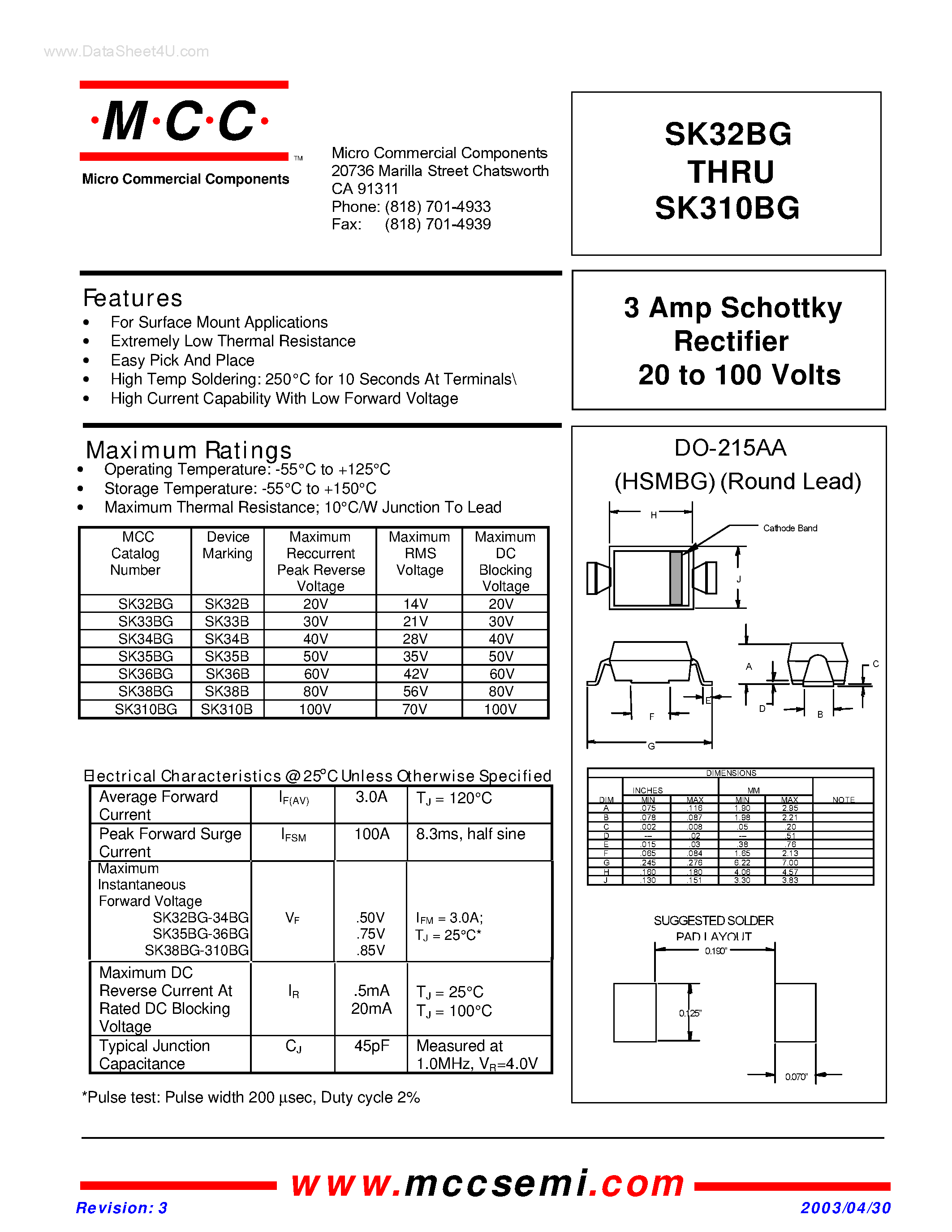 Datasheet SK310BG page 1 Datasheet SK310BG - (SK32BG - SK310BG) Schottky Rectifier page 1