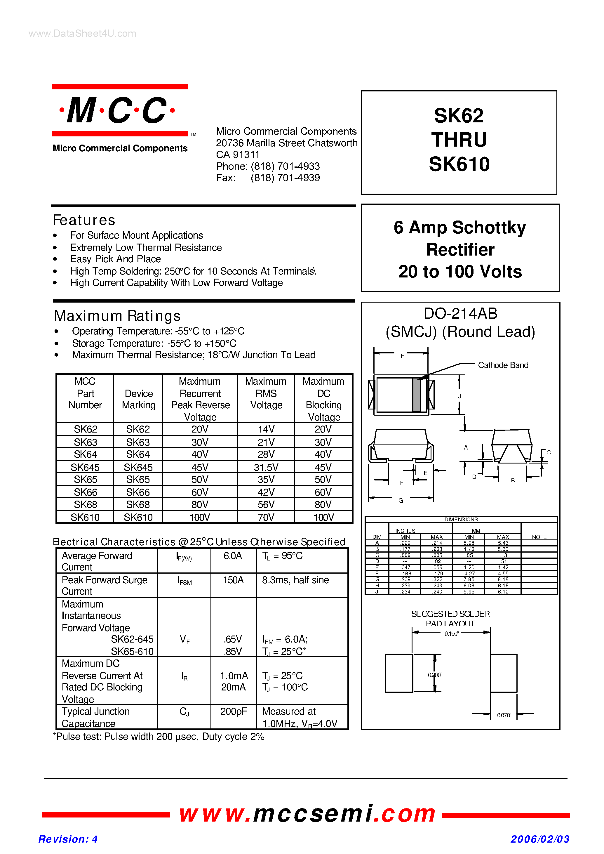 Datasheet SK610 page 1 Datasheet SK610 - (SK62 - SK610) Schottky Rectifier page 1