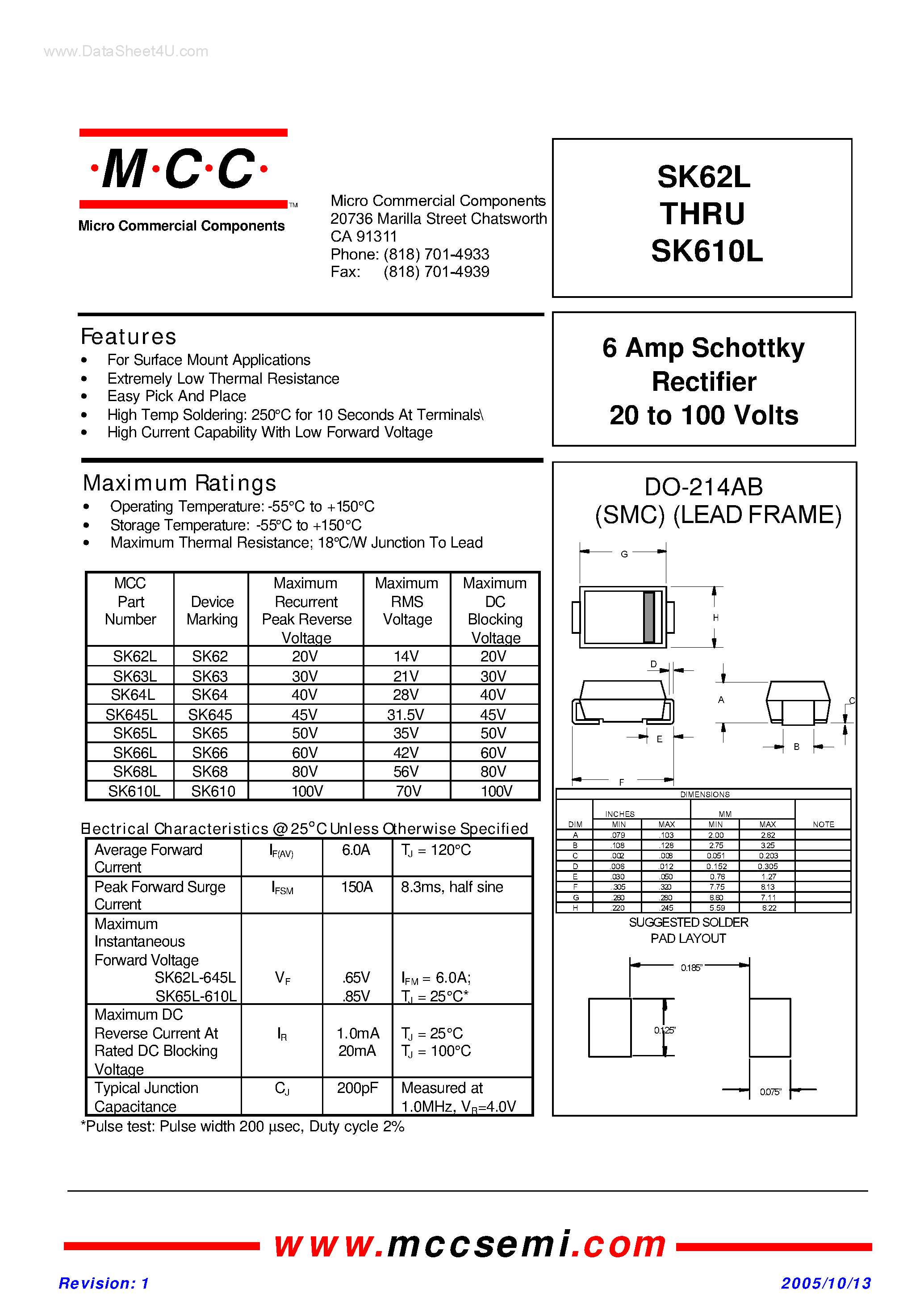 Datasheet SK610L page 1 Datasheet SK610L - (SK62L - SK610L) Schottky Rectifier page 1