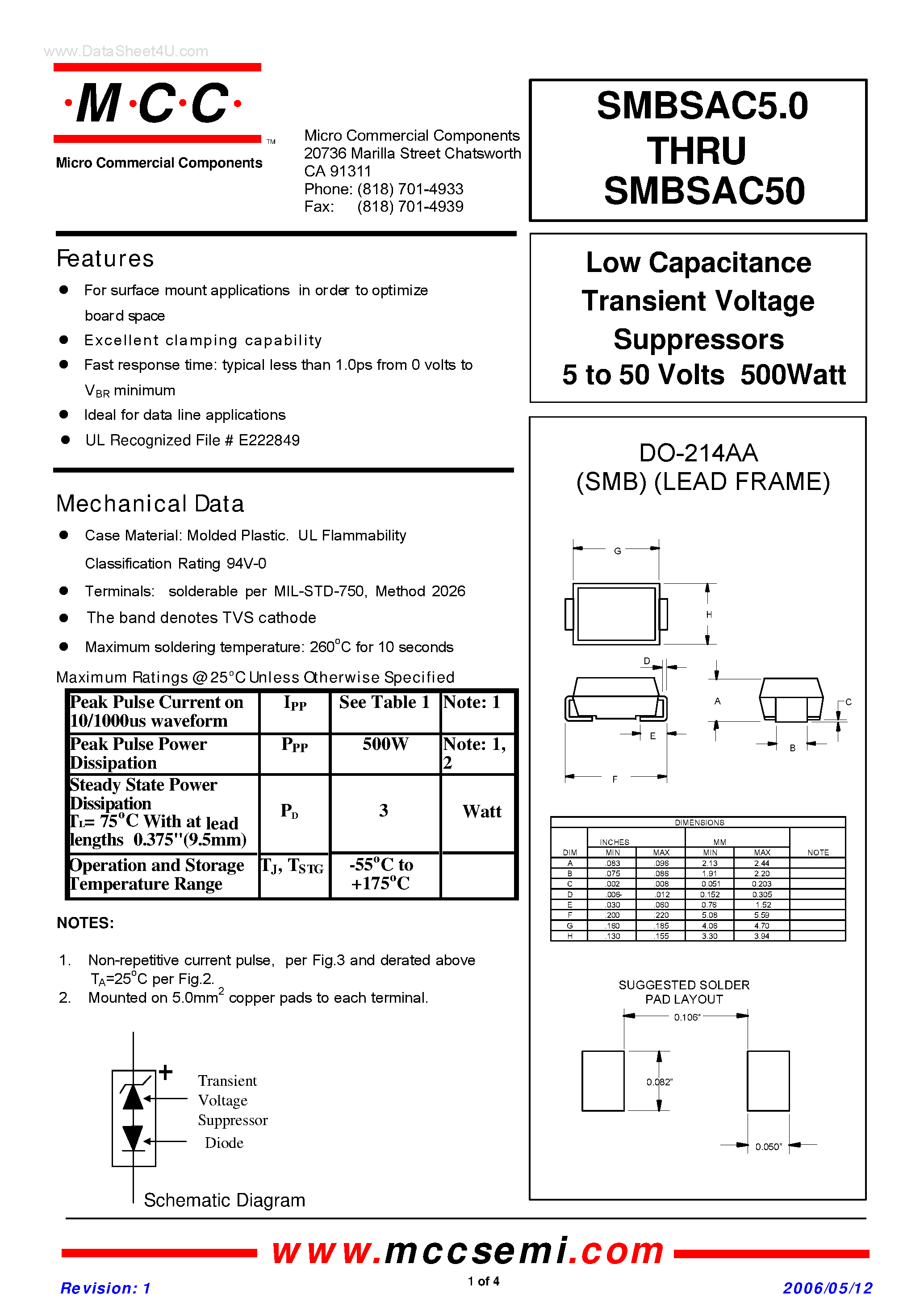 Datasheet SMBSAC10 page 1 Datasheet SMBSAC10 - (SMBSAC5.0 - SMBSAC50) Low Capacitance Transient Voltage Suppressors page 1