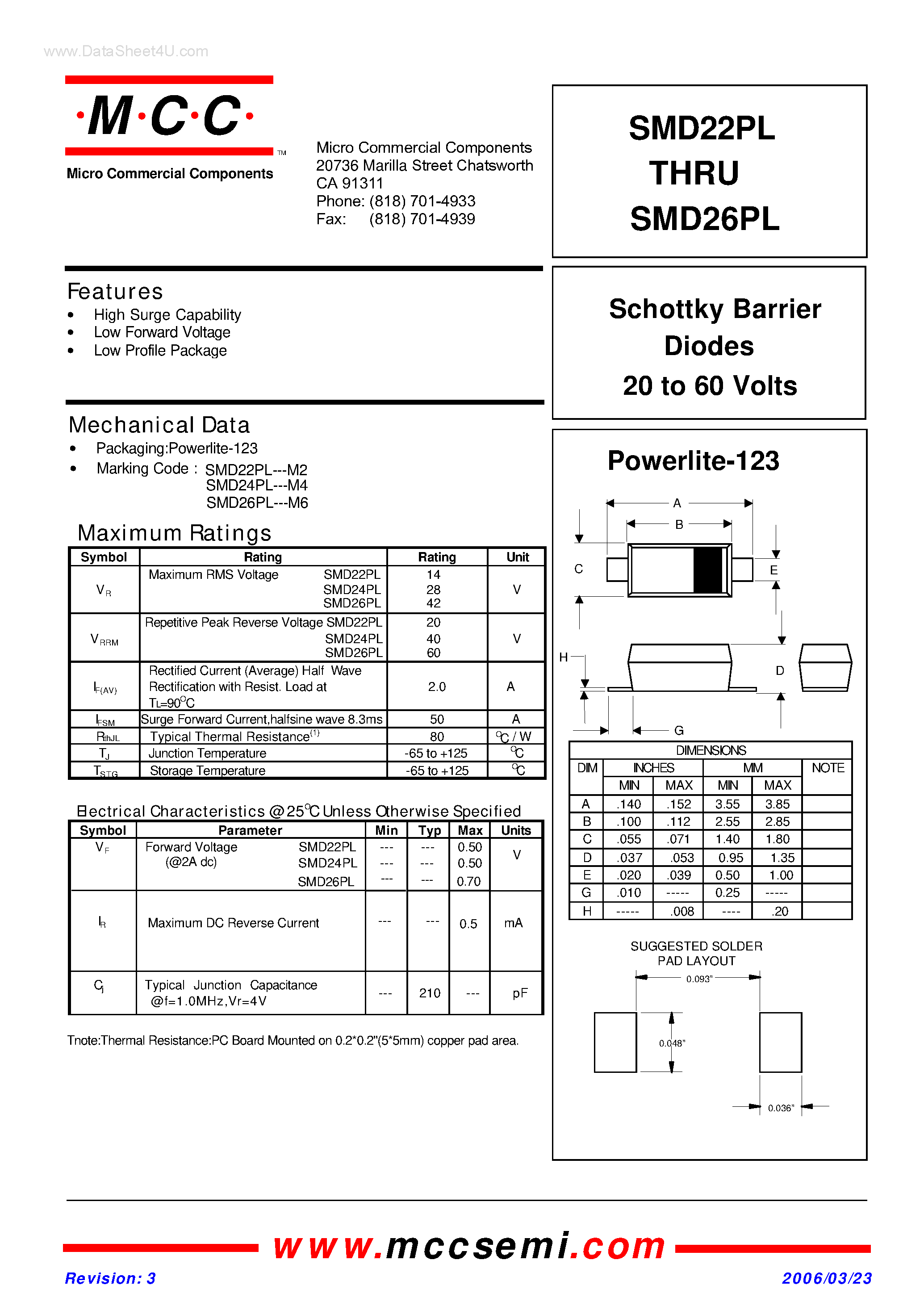 Даташит на микросхему SMD22PL страница 1 Даташит SMD22PL - (SMD22PL - SMD26PL) Schottky Barrier Diodes страница 1