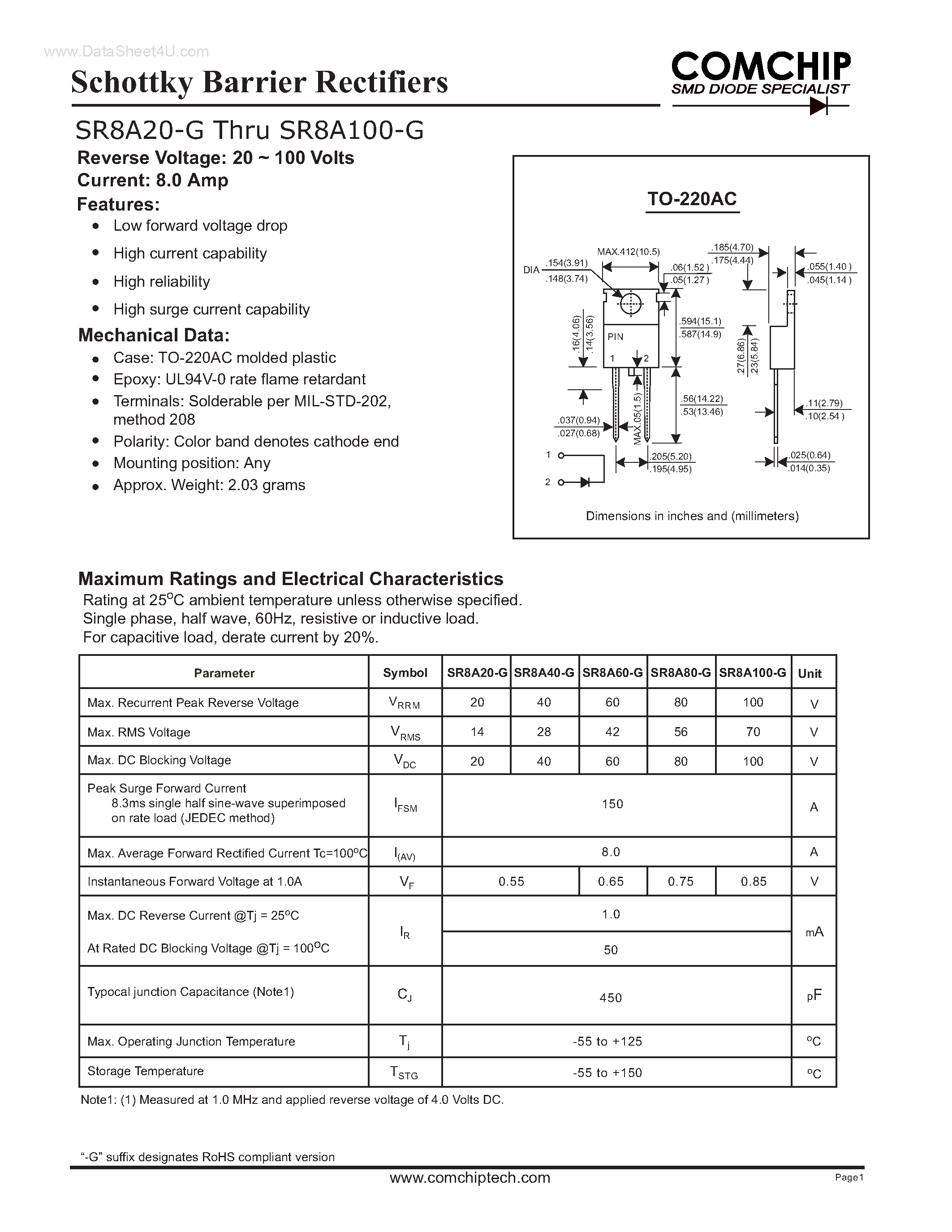 Даташит SR8A100-G - (SR8A20-G - SR8A100-G) Schottky Barrier Rectifiers страница 1