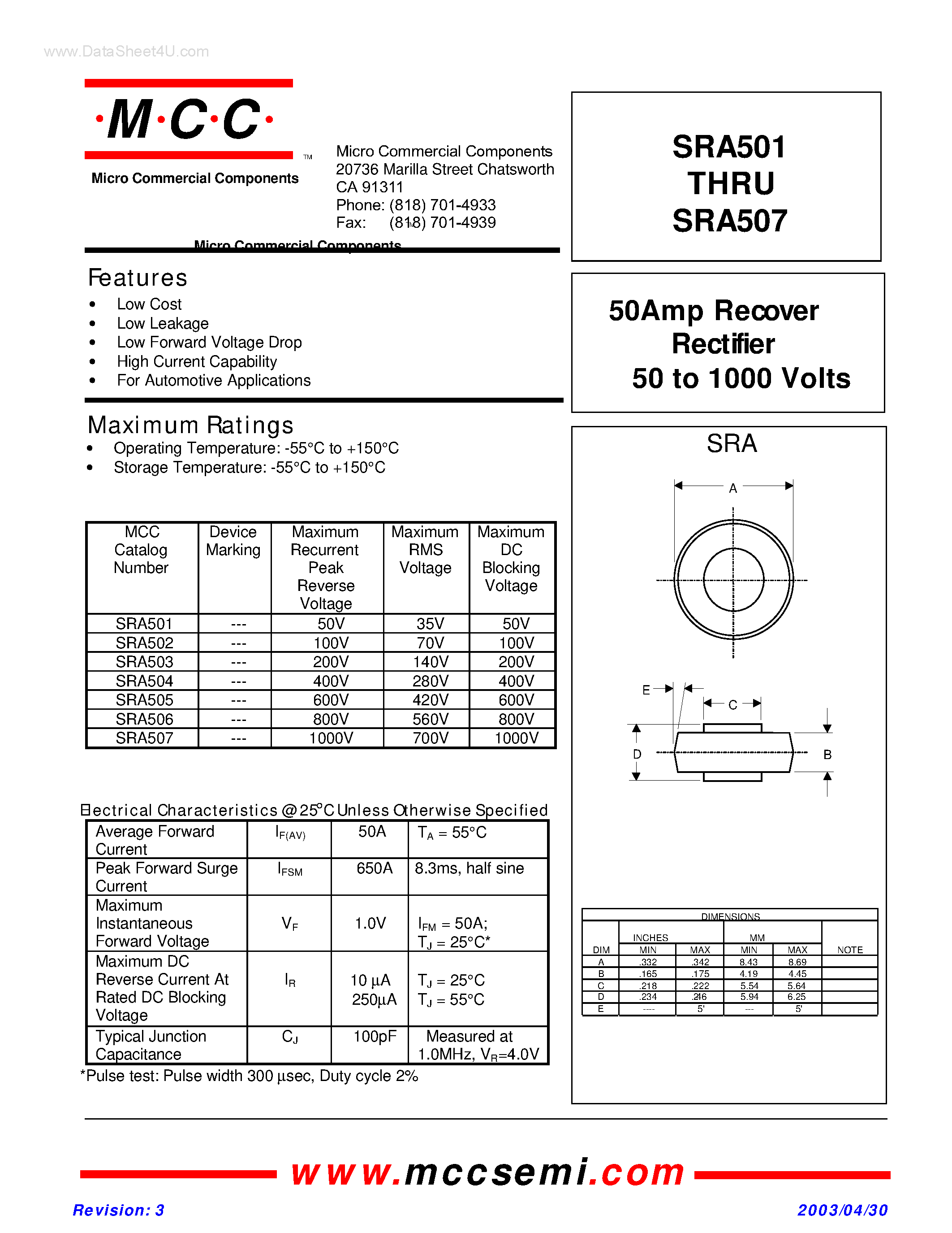 Datasheet SRA501 page 1 Datasheet SRA501 - (SRA501 - SRA507) Recover Rectifier page 1