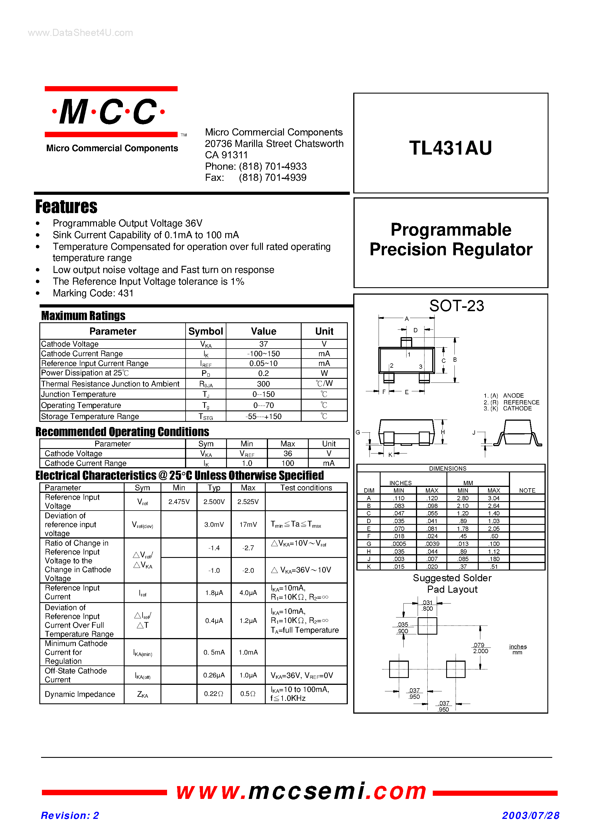 Даташит на микросхему TL431AU страница 1 Даташит TL431AU - Programmable Precision Regulator страница 1