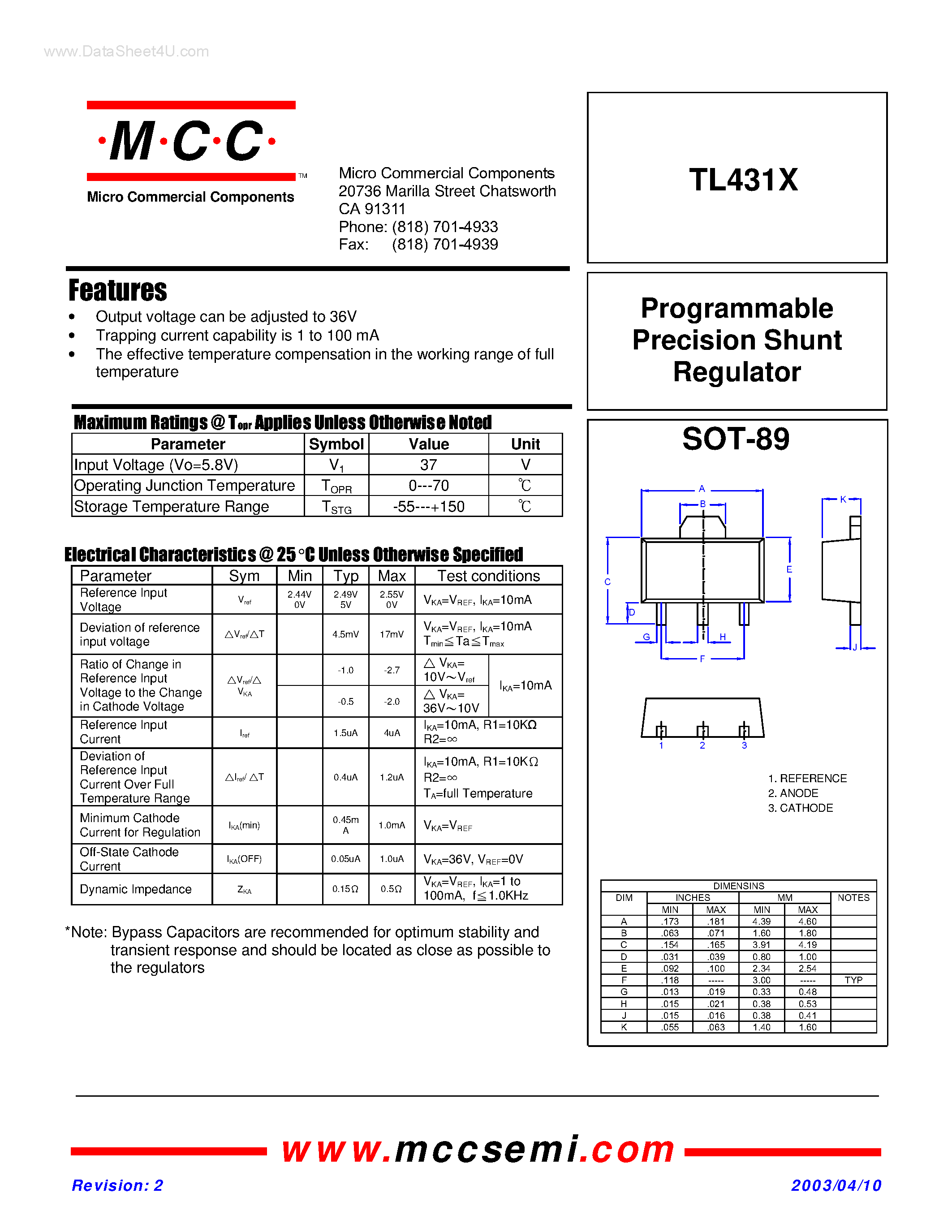 Даташит на микросхему TL431X страница 1 Даташит TL431X - Programmable Precision Shunt Regulator страница 1