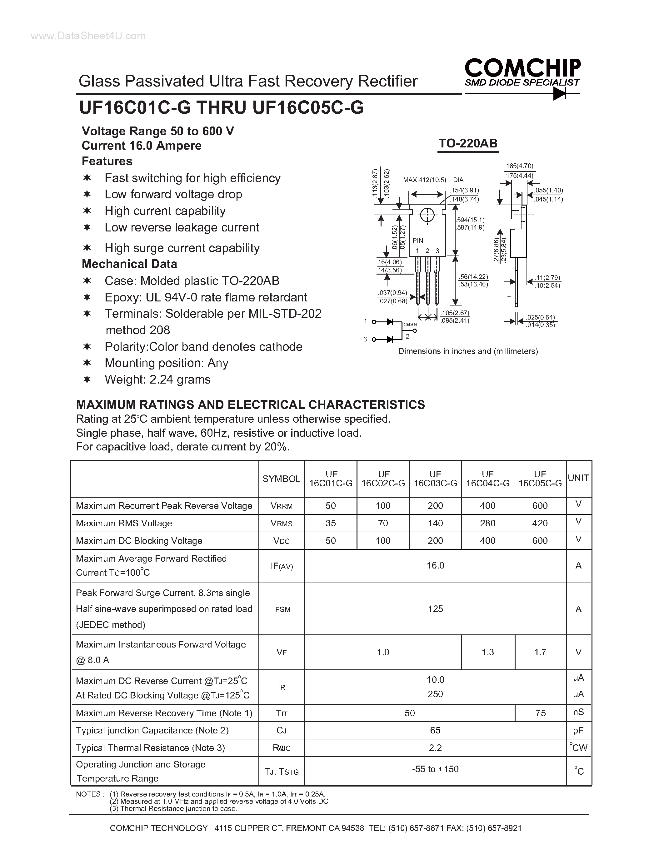 Даташит UF16C01C-G - (UF16C01C-G - UF16C05C-G) Glass Passivated Ultra Fast Recovery Rectifier страница 1