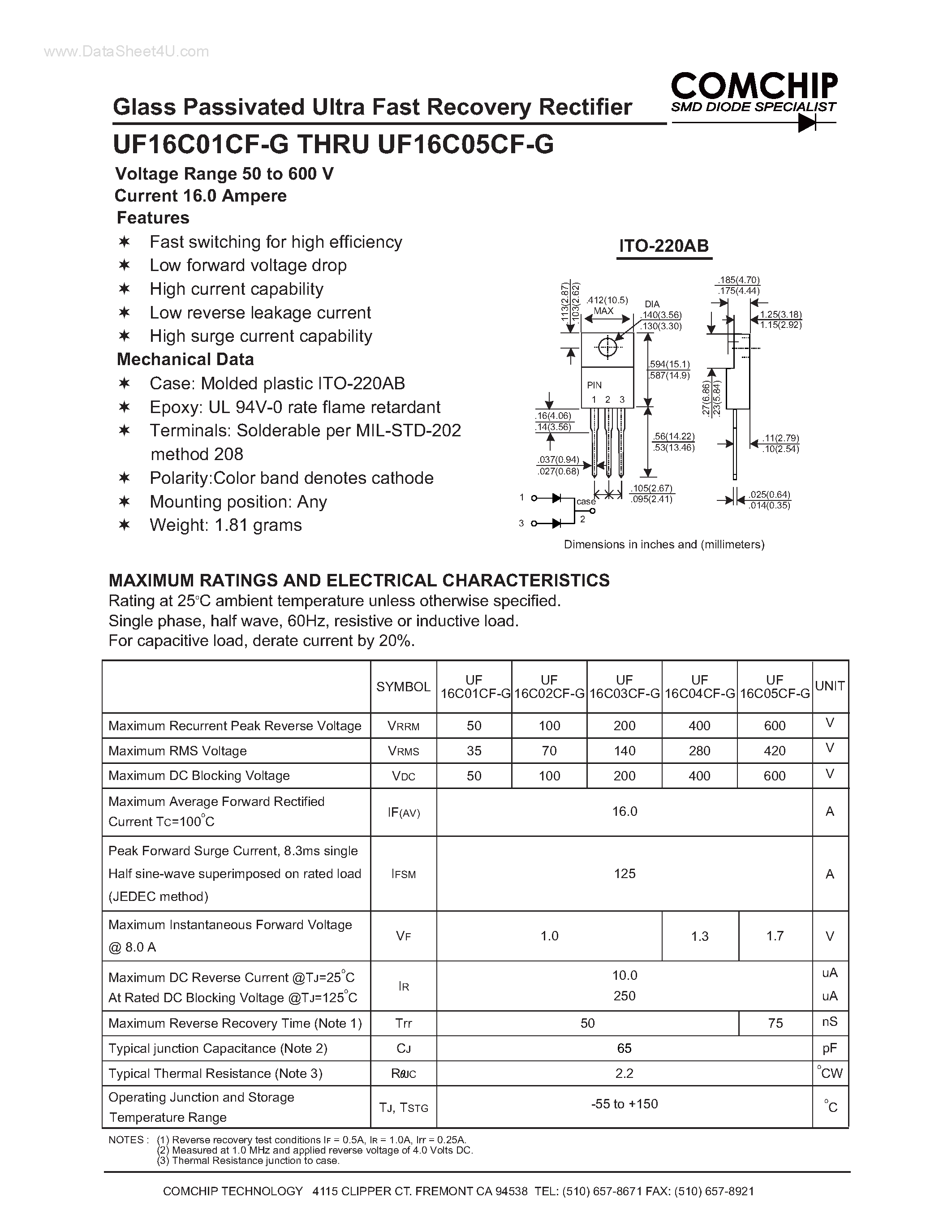 Даташит на микросхему UF16C01CF-G страница 1 Даташит UF16C01CF-G - (UF16C01CF-G - UF16C05CF-G) Glass Passivated Ultra Fast Recovery Rectifier страница 1