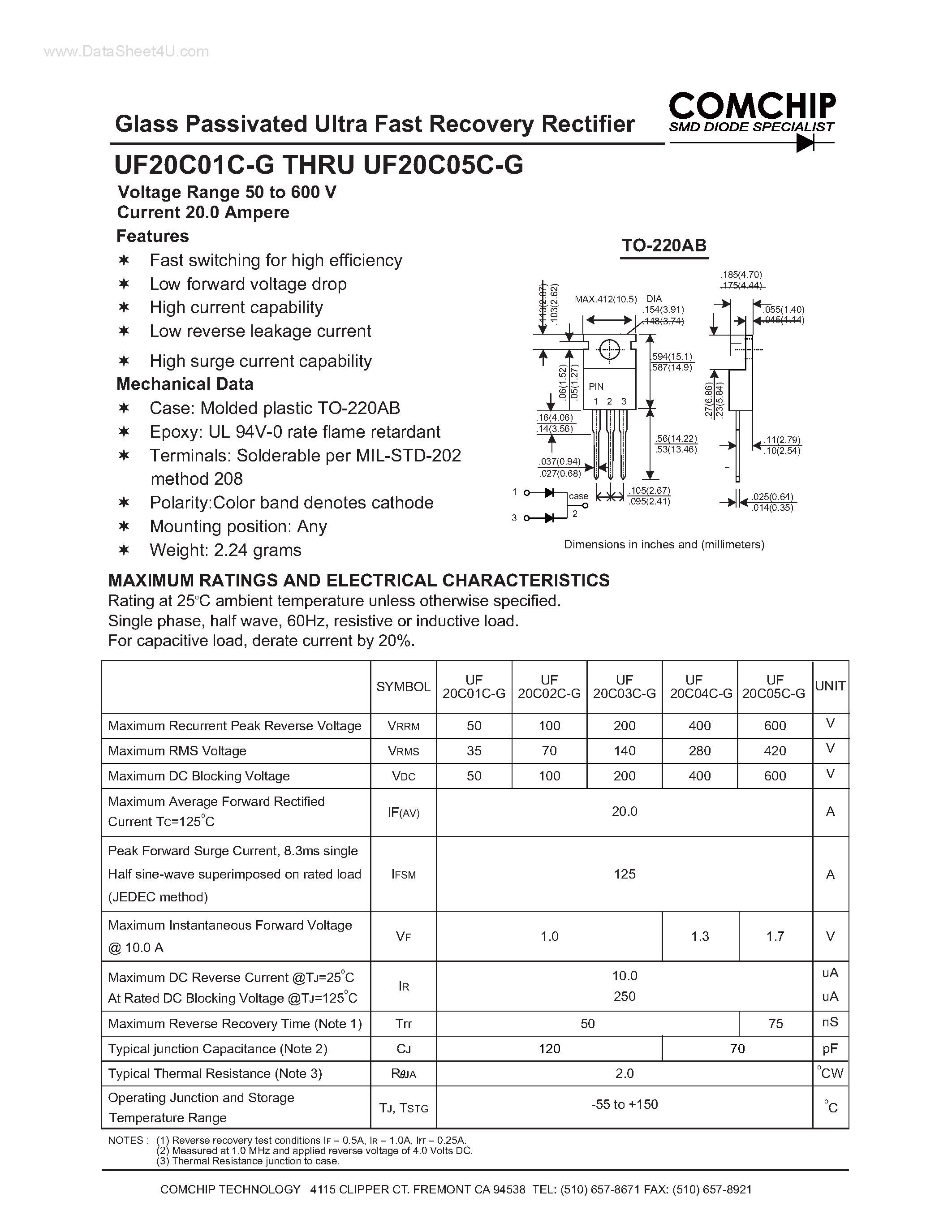 Даташит UF20C01C-G - (UF20C01C-G - UF20C05C-G) Glass Passivated Ultra Fast Recovery Rectifier страница 1