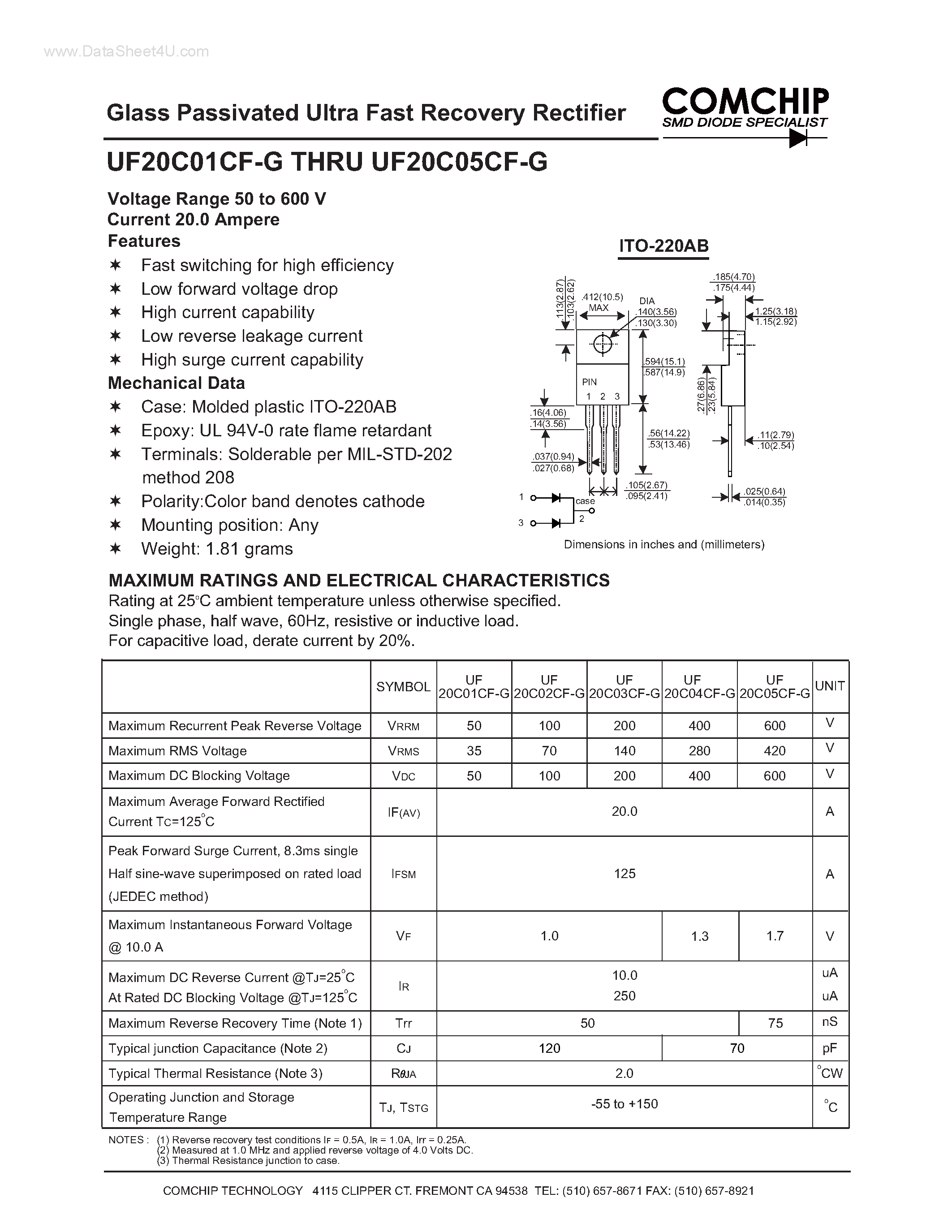 Даташит UF20C01CF-G - (UF20C01CF-G - UF20C05CF-G) Glass Passivated Ultra Fast Recovery Rectifier страница 1