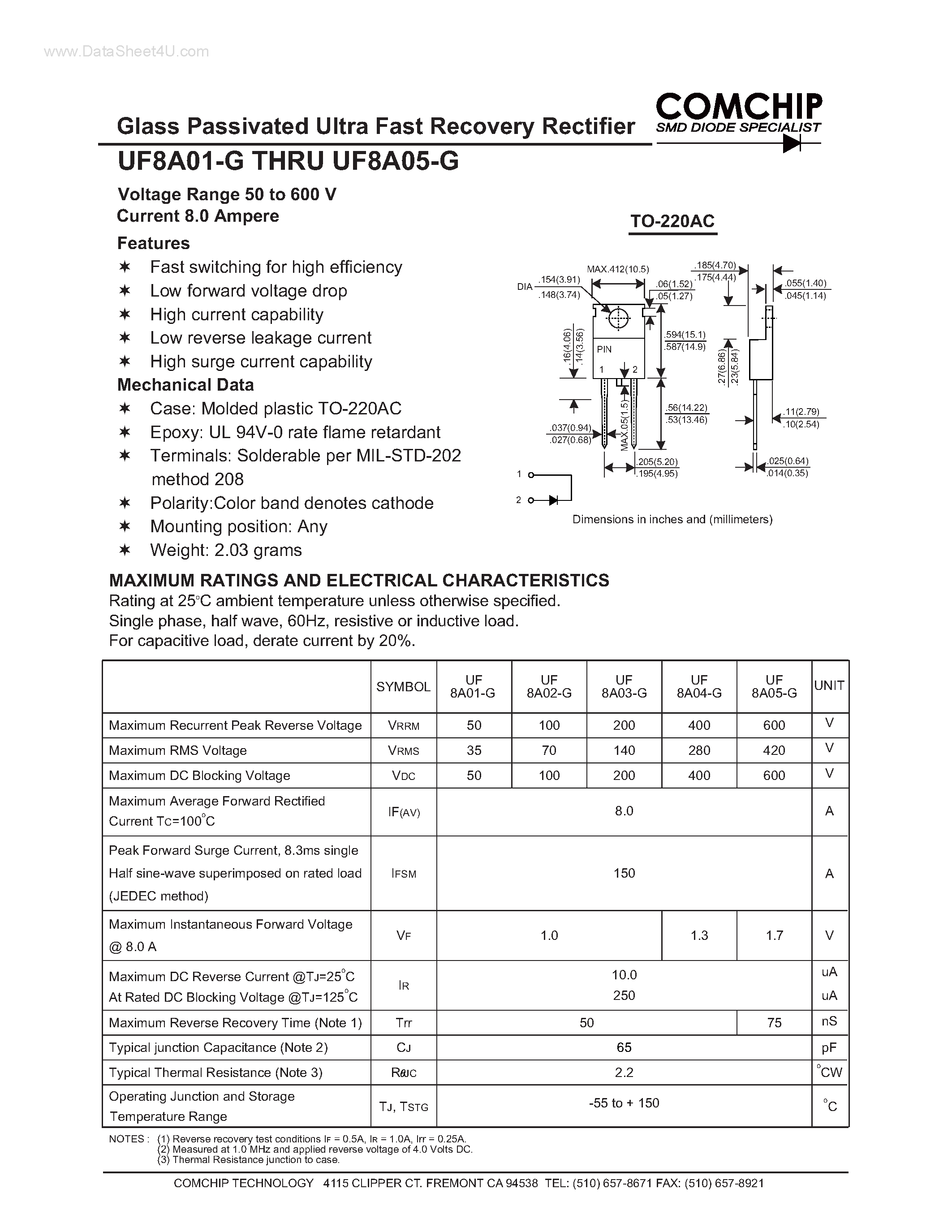 Даташит UF8A01-G - (UF8A01-G - UF8A05-G) Glass Passivated Ultra Fast Recovery Rectifier страница 1
