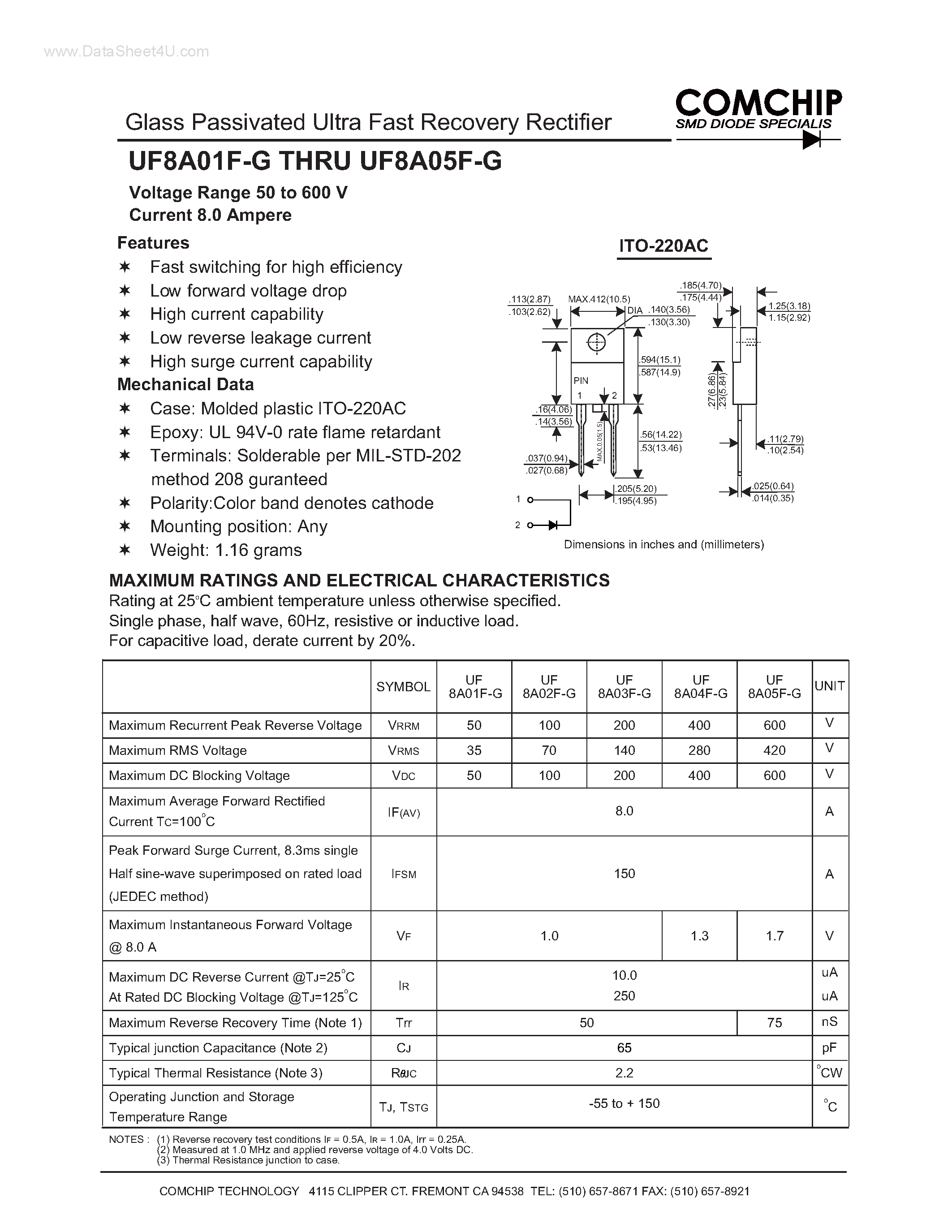 Даташит UF8A01F-G - (UF8A01F-G - UF8A05F-G) Glass Passivated Ultra Fast Recovery Rectifier страница 1