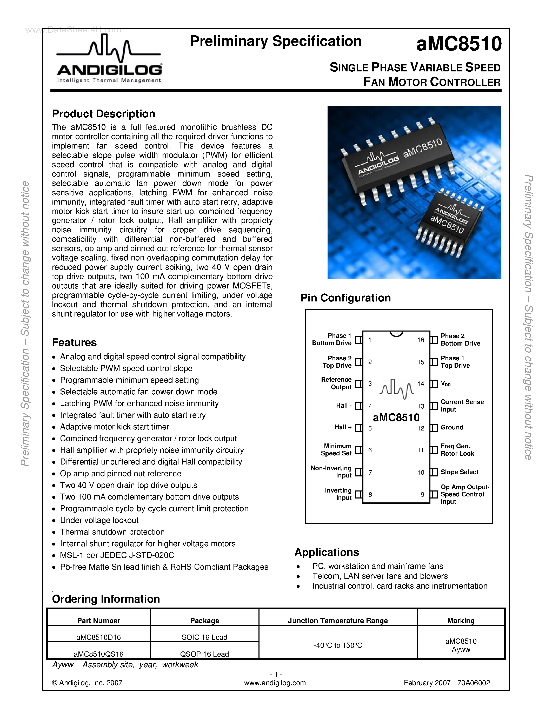Datasheet AMC8510 - SINGLE PHASE VARIABLE SPEED FAN MOTOR CONTROLLER page 1