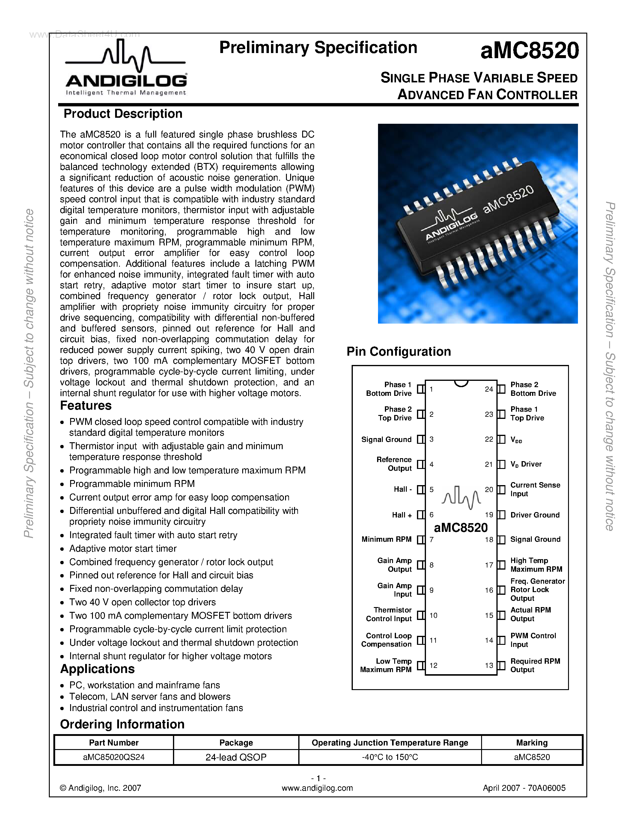 Datasheet AMC8520 - SINGLE PHASE VARIABLE SPEED ADVANCED FAN CONTROLLER page 1