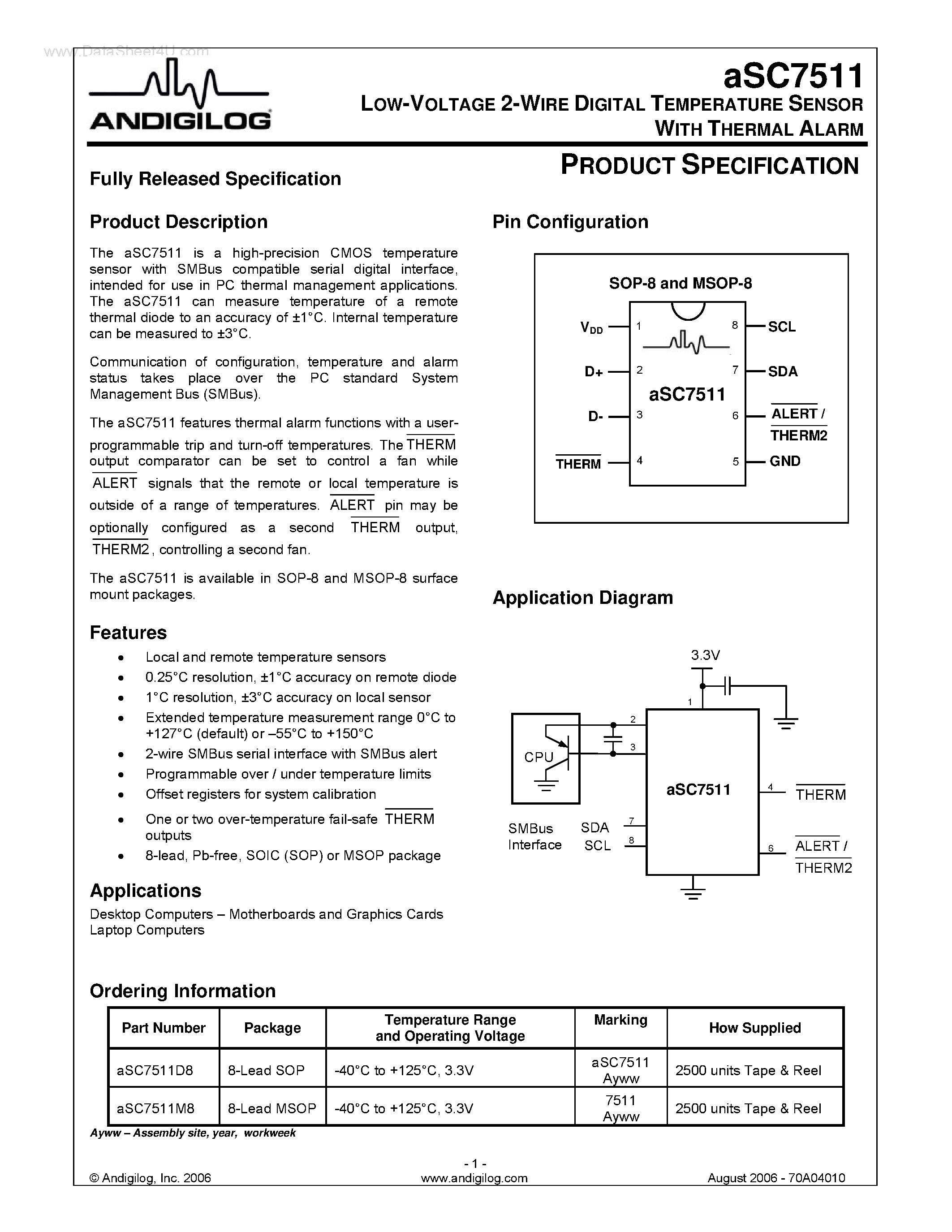 Даташит ASC7511 - LOW- OLTAGE 2-WIRE DIGITAL TEMPERATURE SENSOR страница 1