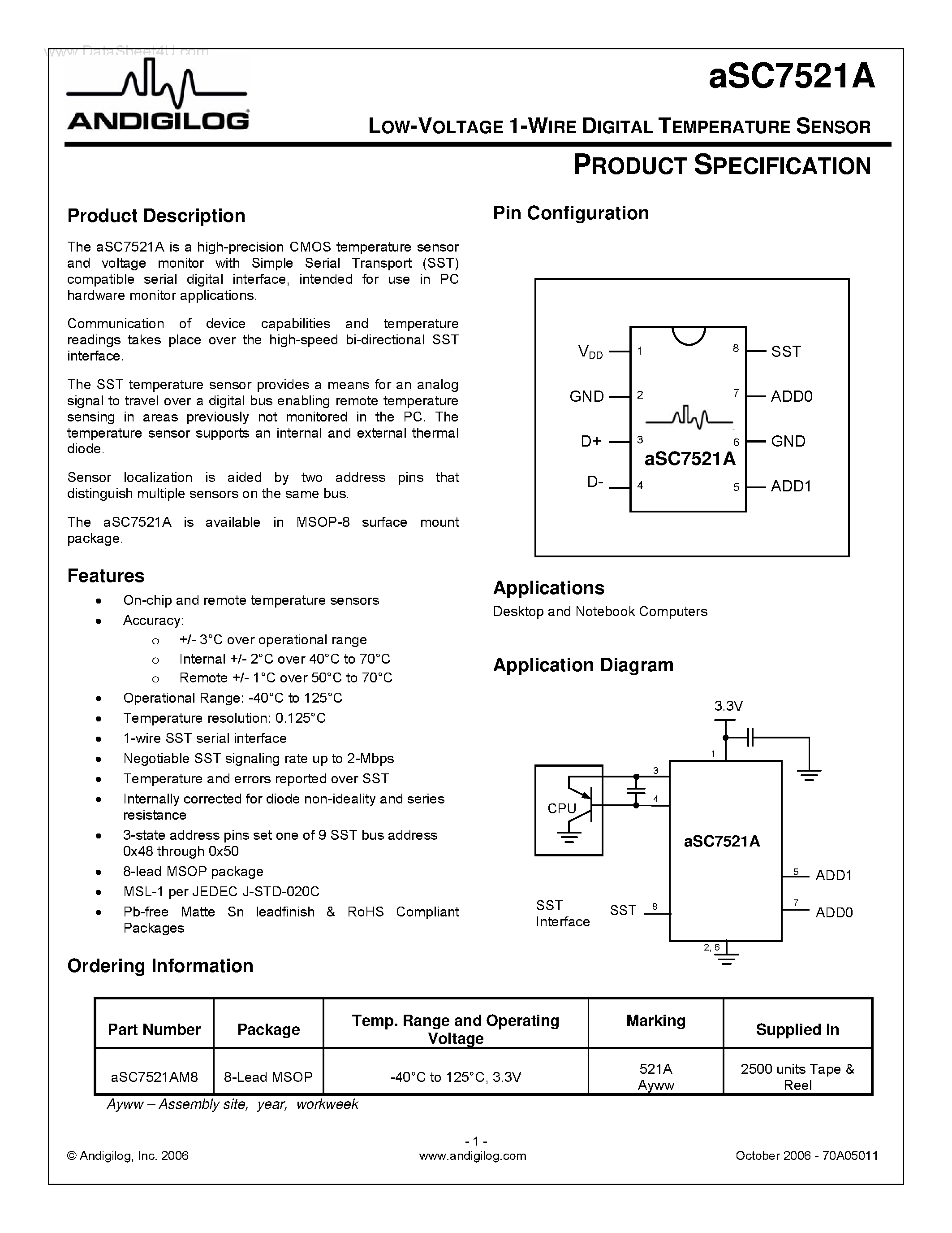 Даташит на микросхему ASC7521A страница 1 Даташит ASC7521A - LOW- OLTAGE 1-WIRE DIGITAL TEMPERATURE SENSOR страница 1