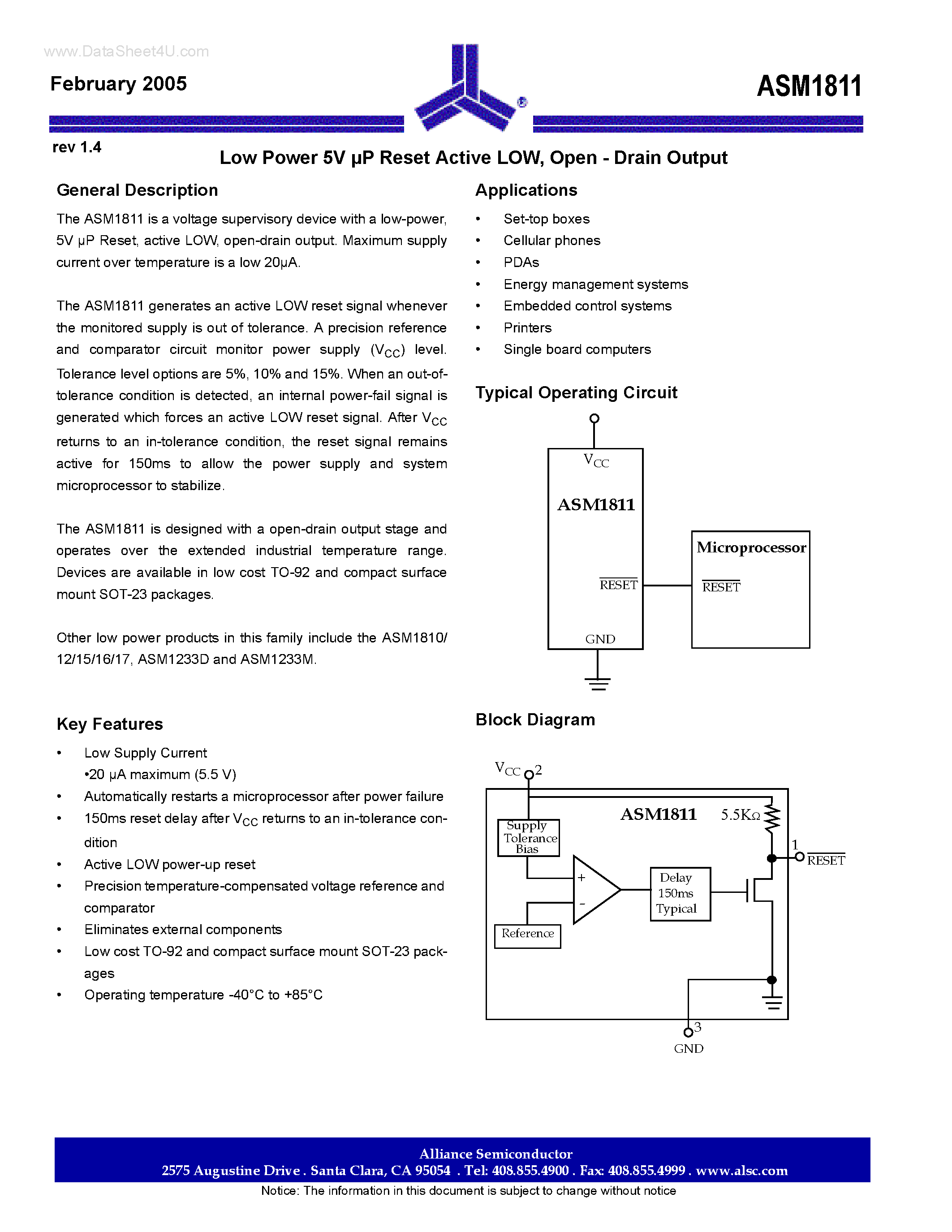 Даташит ASM1811 - Low Power 5V uP Reset Active LOW страница 1