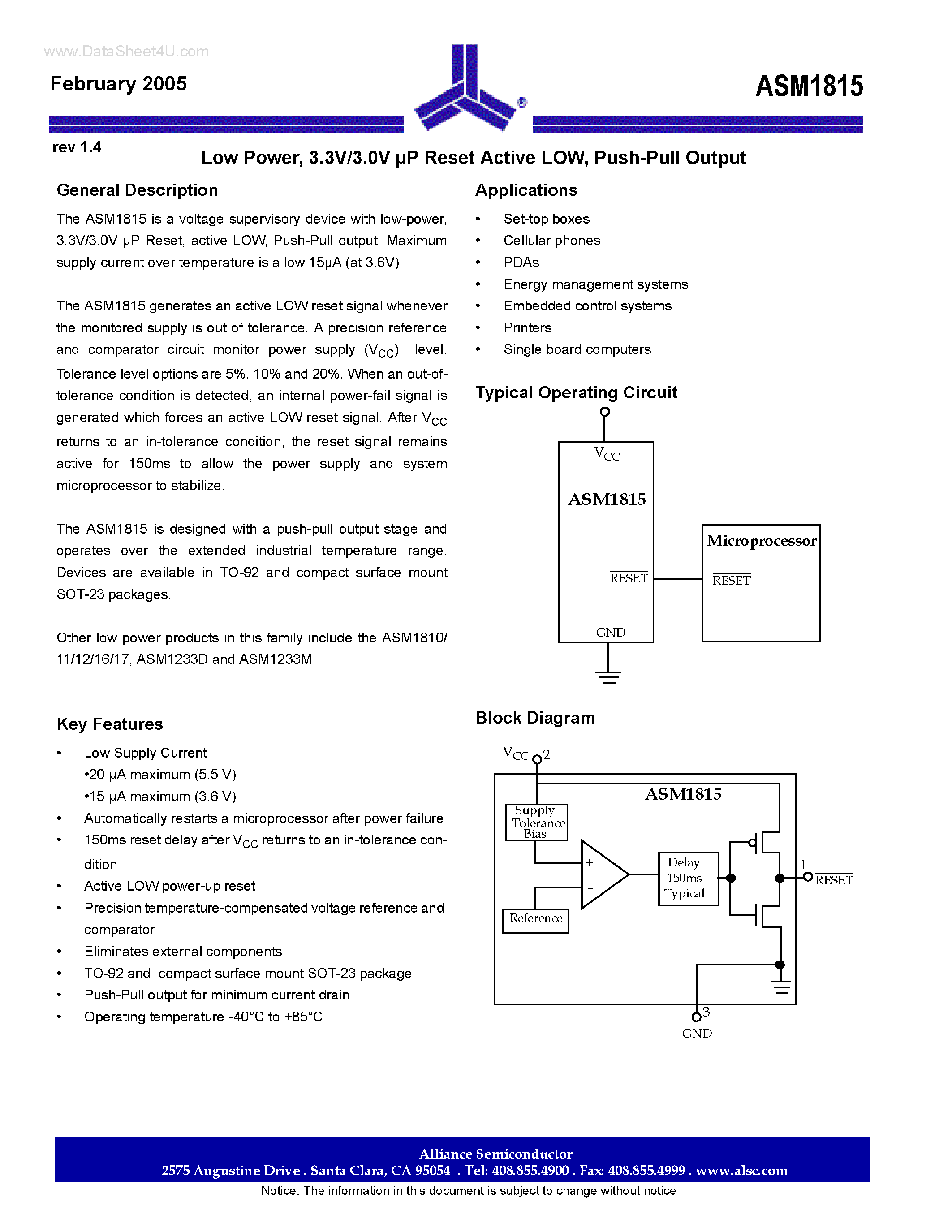 Даташит на микросхему ASM1815 страница 1 Даташит ASM1815 - 3.3V/3.0V uP Reset Active LOW страница 1