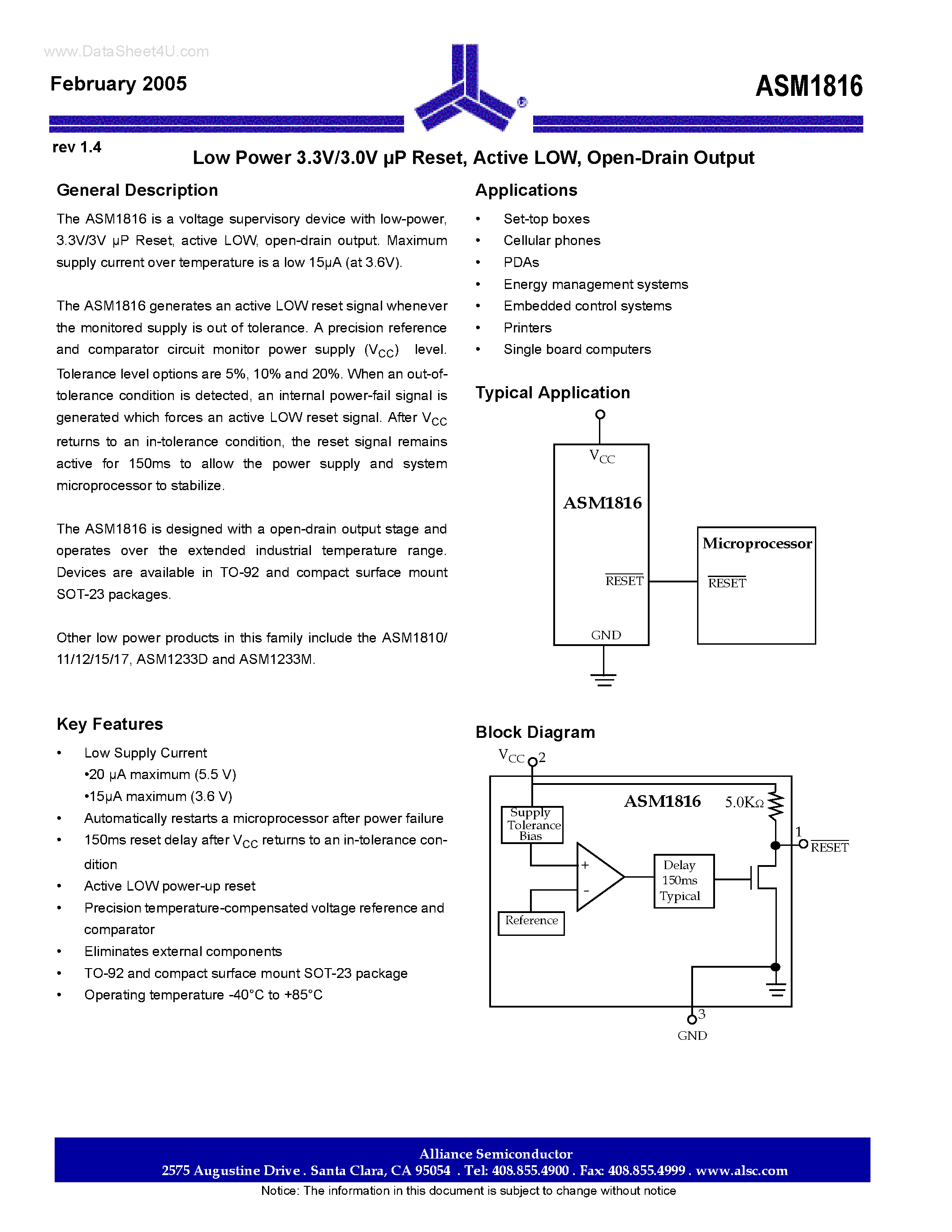 Datasheet ASM1816 - Low Power 3.3V/3.0V uP Reset page 1