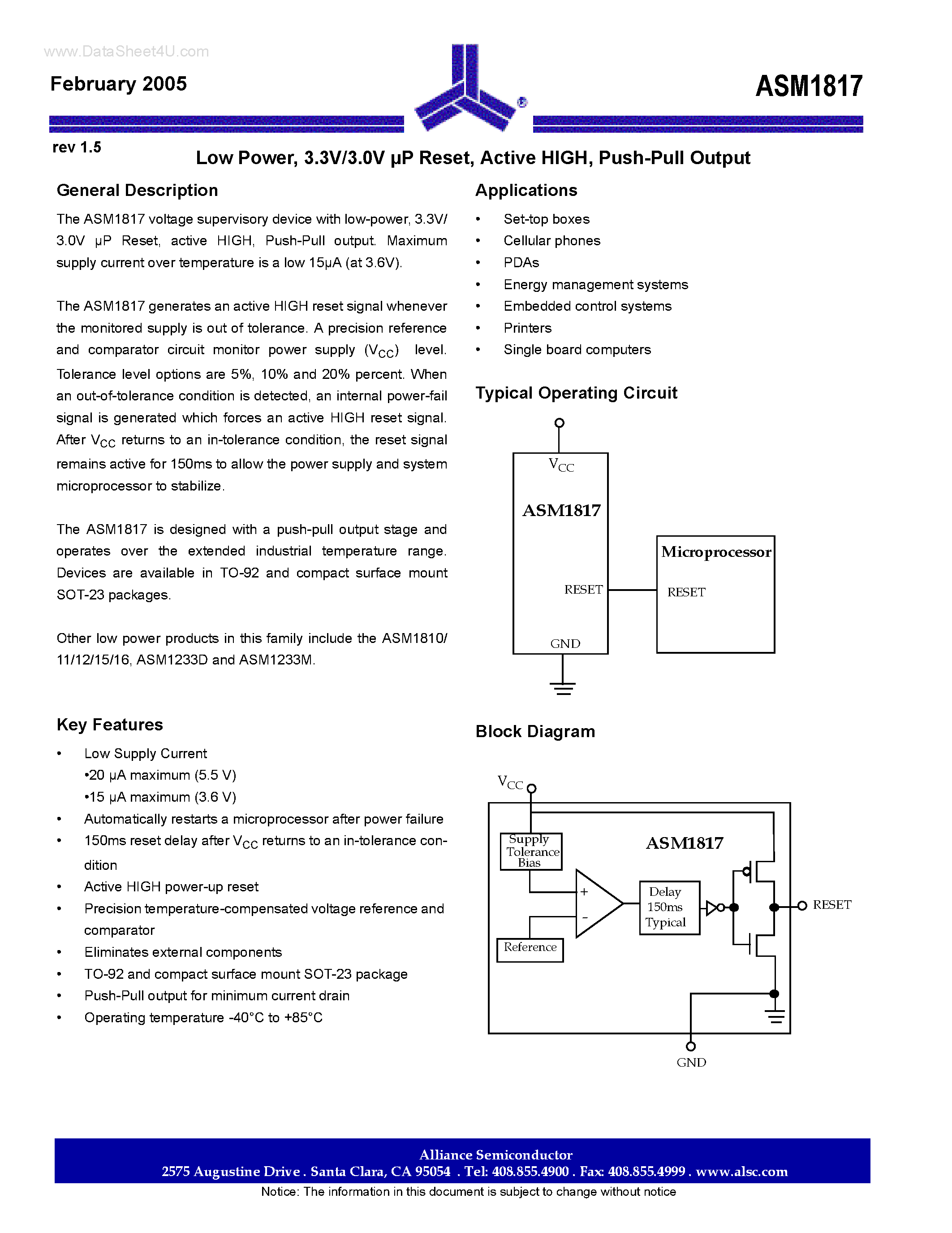 Datasheet ASM1817 - 3.3V/3.0V uP Reset page 1
