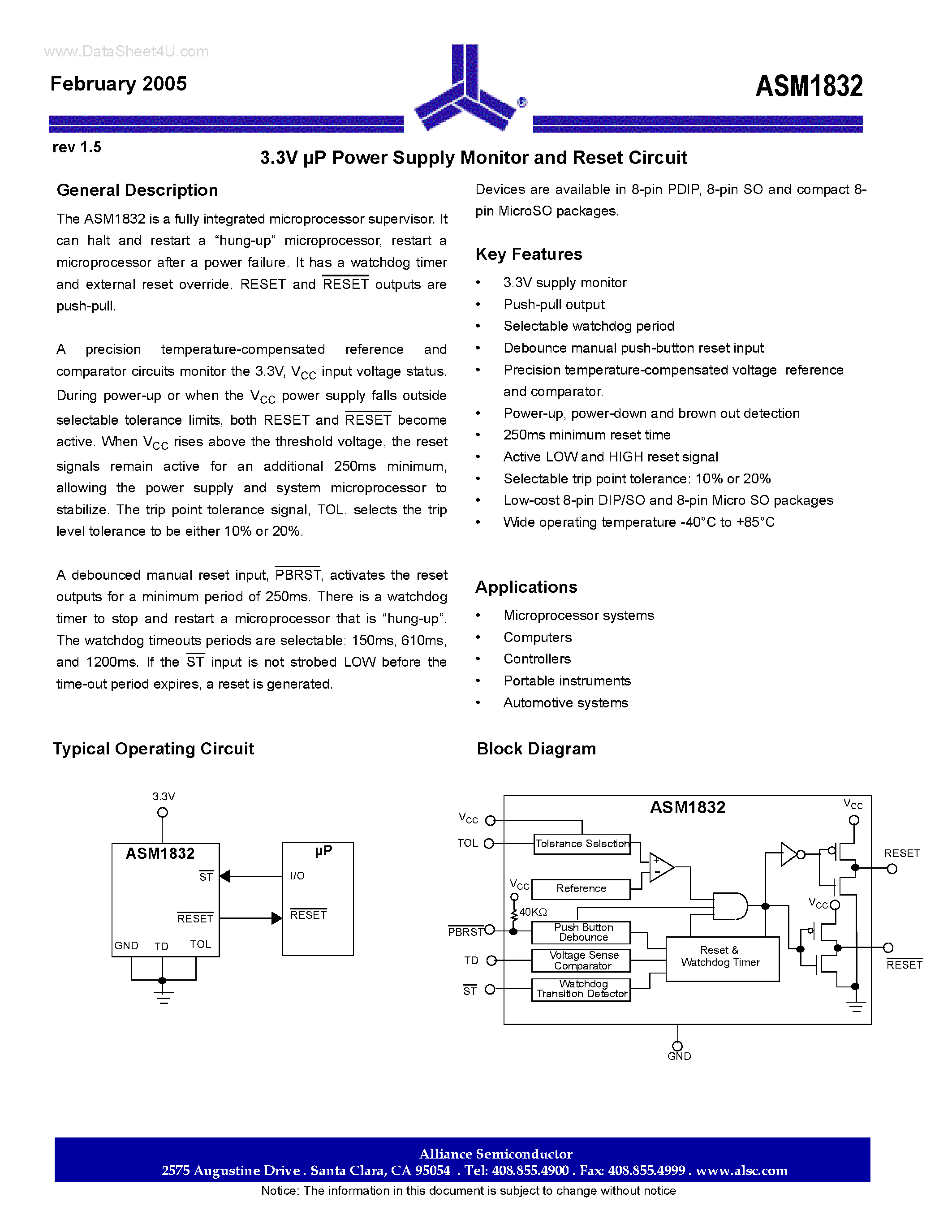 Datasheet ASM1832 page 1 Datasheet ASM1832 - 3.3V UP Power Supply Monitor and Reset Circuit page 1