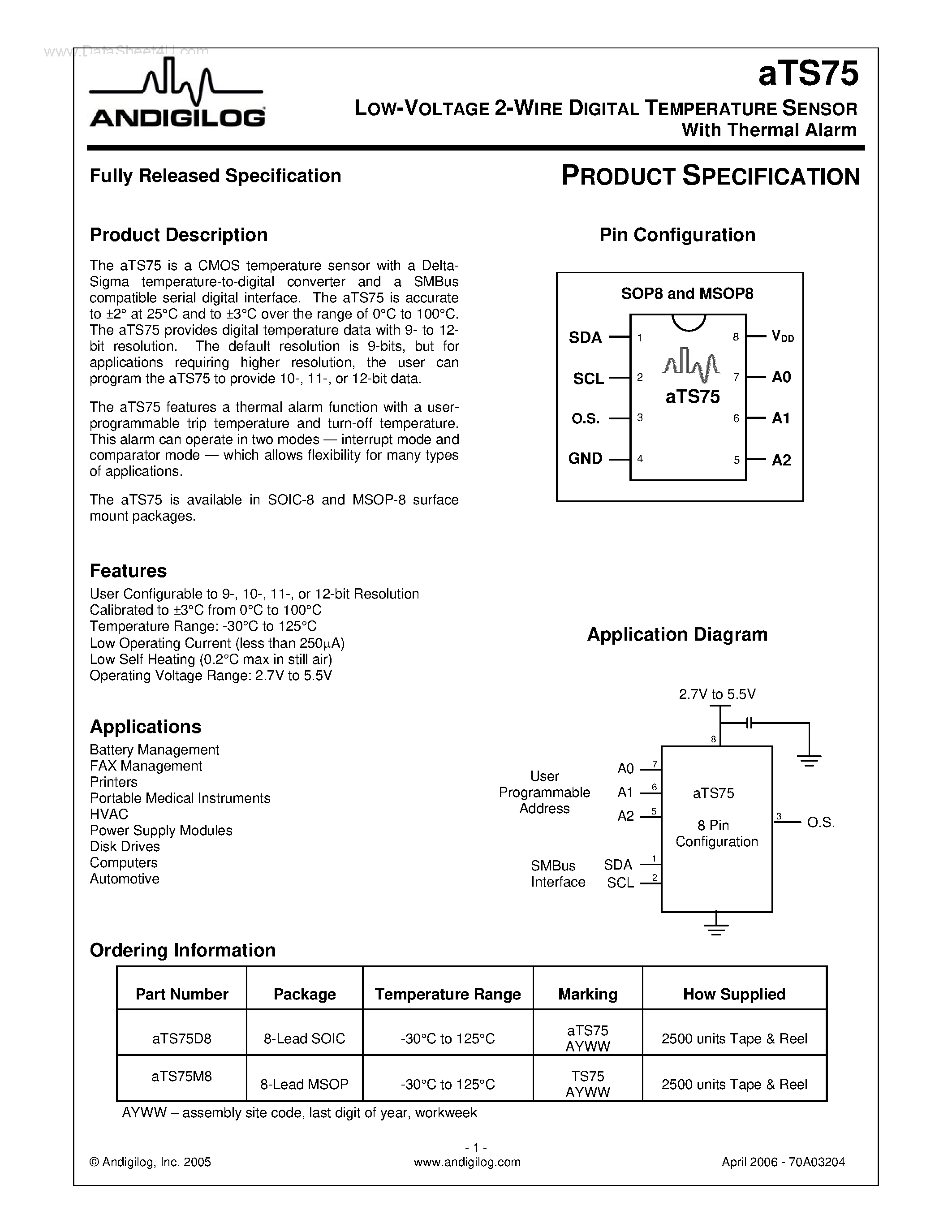 Даташит на микросхему ATS75 страница 1 Даташит ATS75 - LOW- OLTAGE 2-WIRE DIGITAL TEMPERATURE SENSOR страница 1