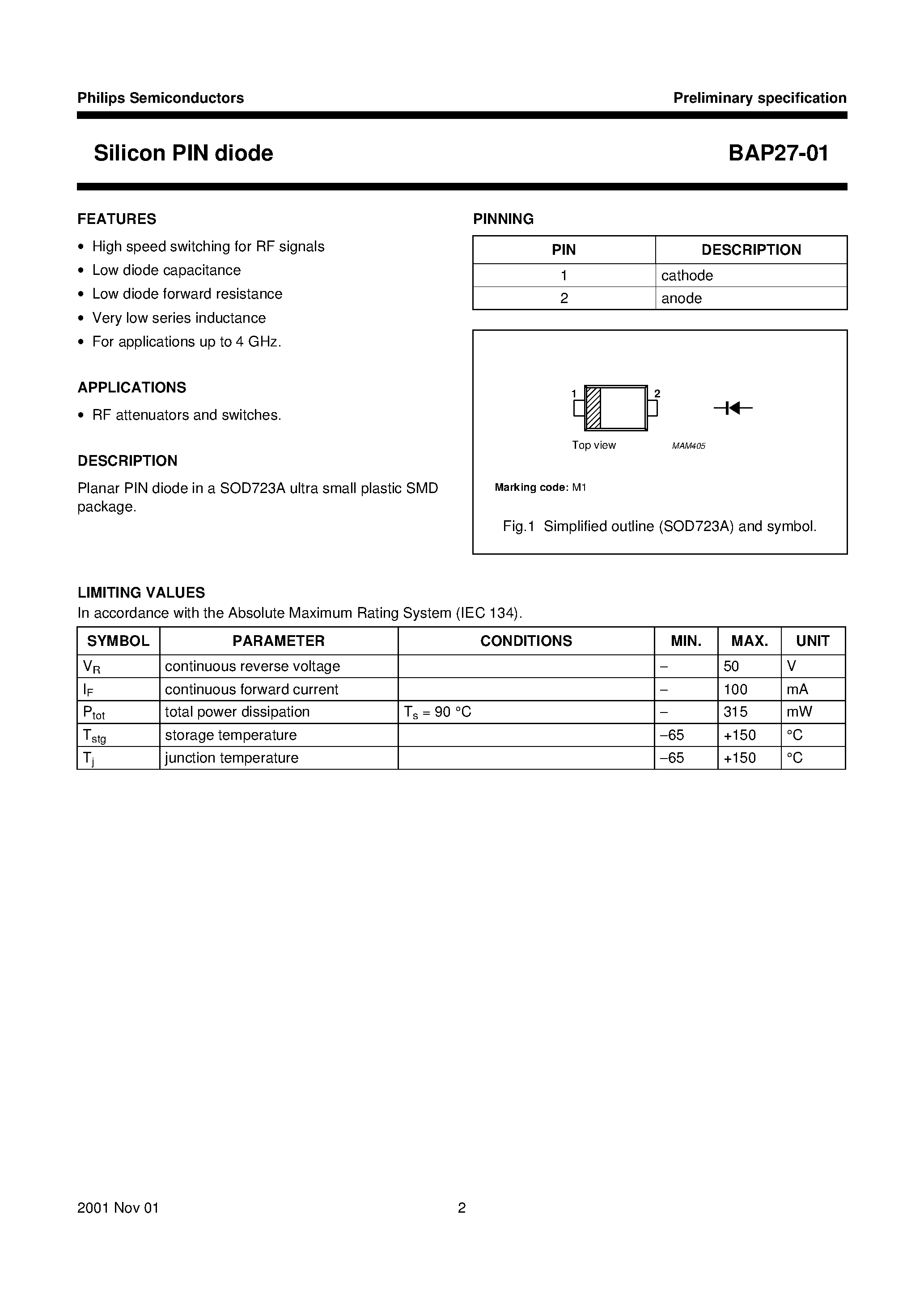Datasheet BAP27-01 page 2 Datasheet BAP27-01 - Silicon PIN diode page 2