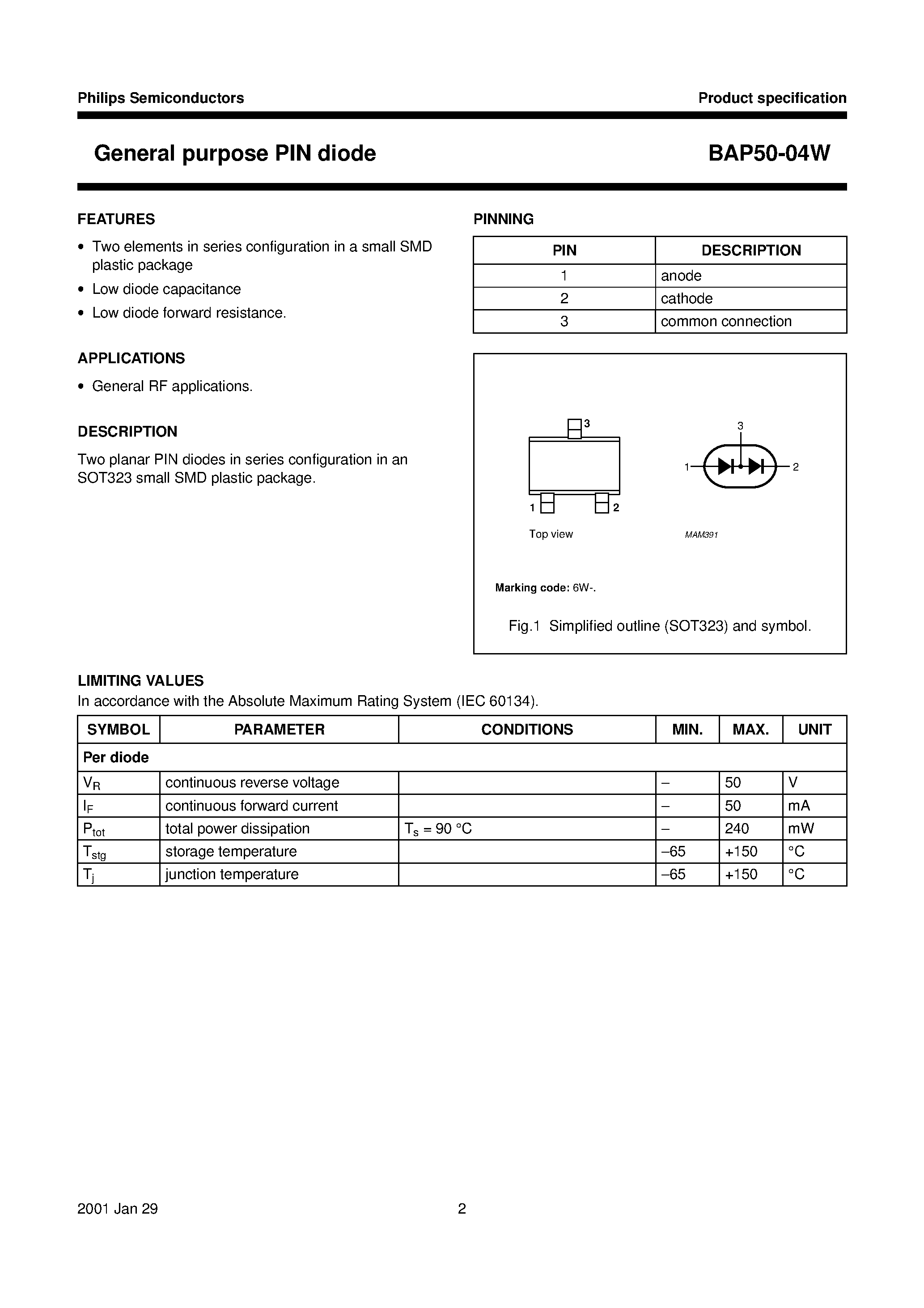 Datasheet BAP50-04W page 2 Datasheet BAP50-04W - General purpose PIN diode page 2