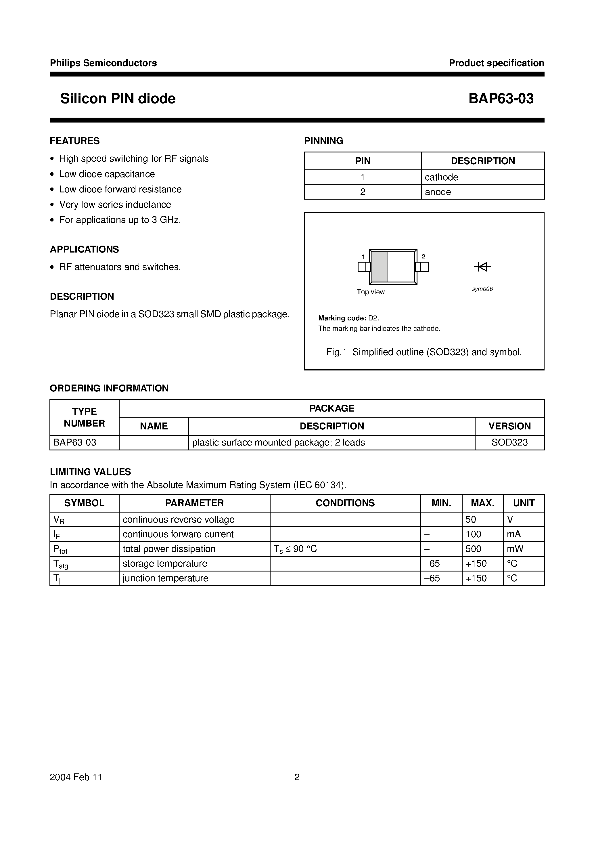 Datasheet BAP63-03 page 2 Datasheet BAP63-03 - Silicon PIN diode page 2