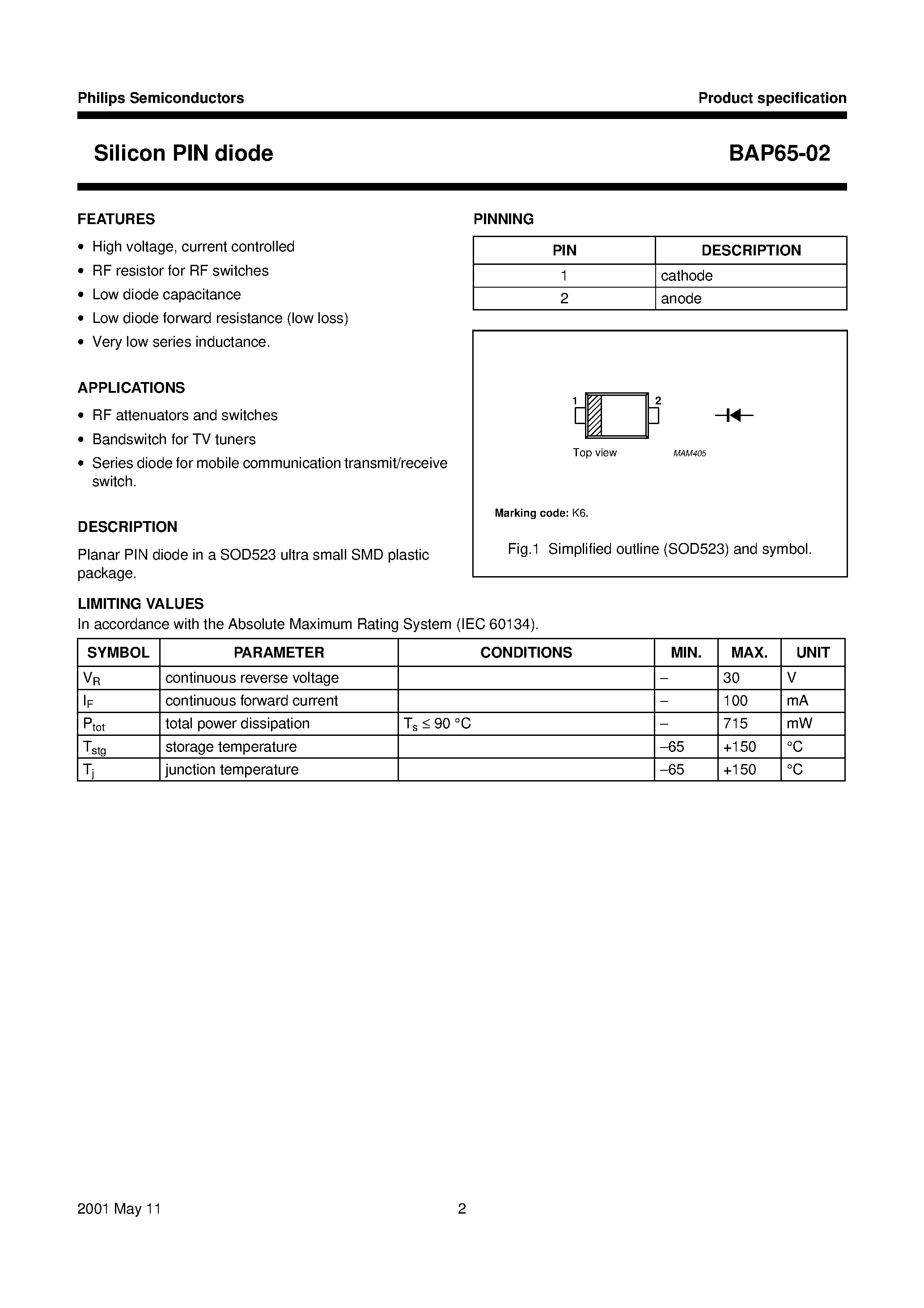 Datasheet BAP65-02 page 2 Datasheet BAP65-02 - Silicon PIN diode page 2