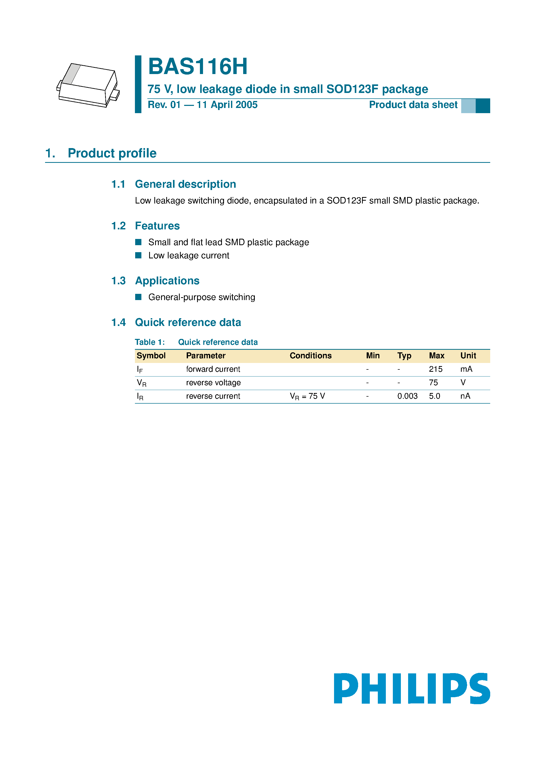 Datasheet BAS116H page 1 Datasheet BAS116H - low leakage diode page 1