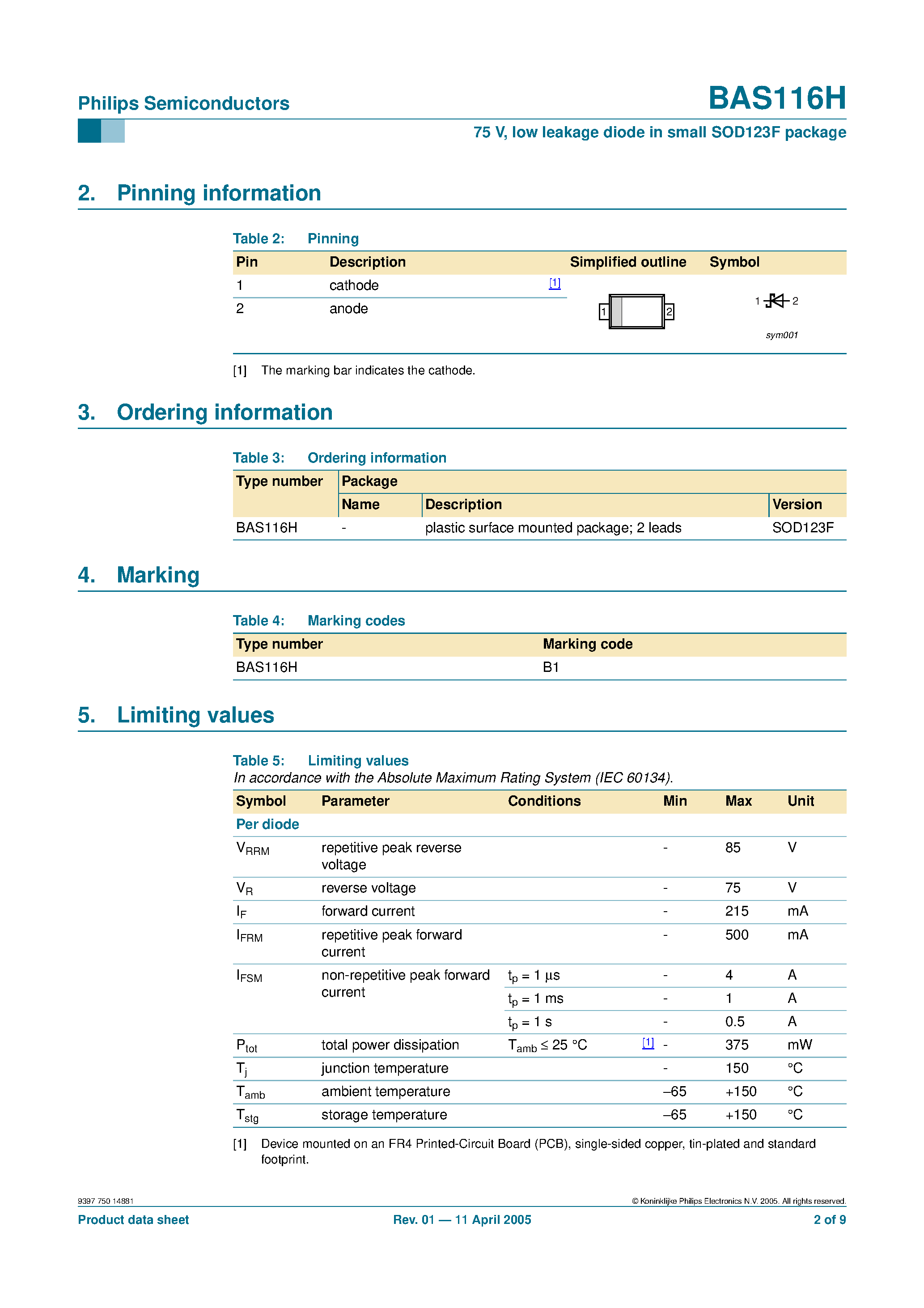 Datasheet BAS116H page 2 Datasheet BAS116H - low leakage diode page 2