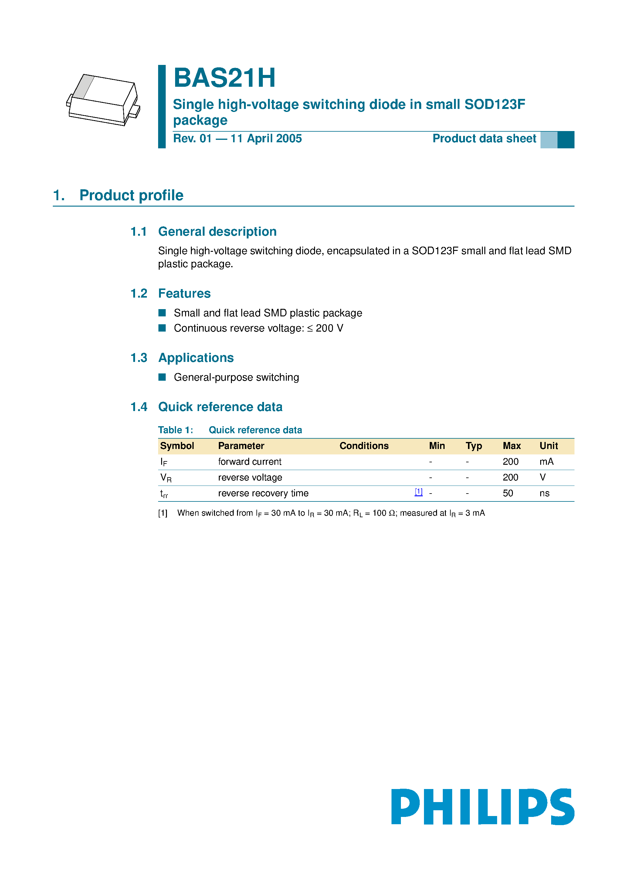 Datasheet BAS21H - Single high-voltage switching diode page 1