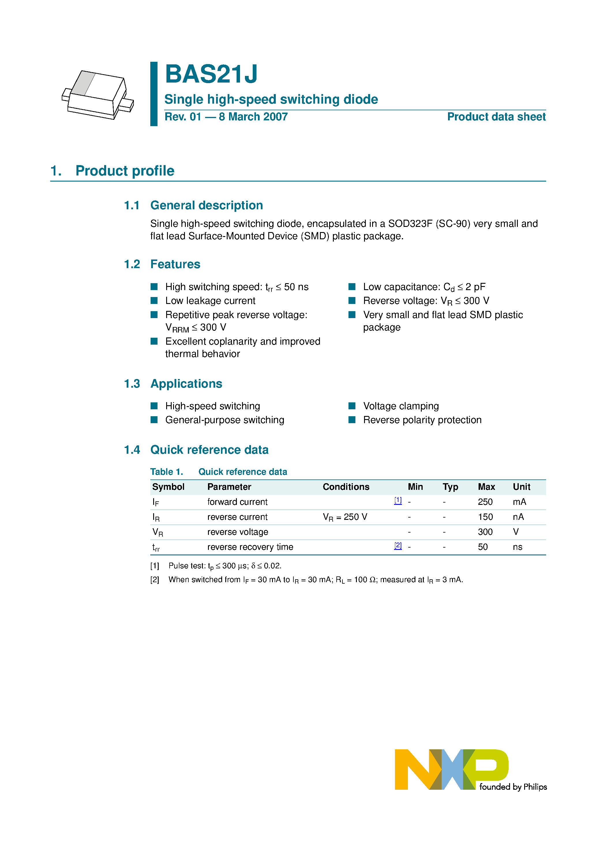 Datasheet BAS21J page 1 Datasheet BAS21J - Single high-speed switching diode page 1