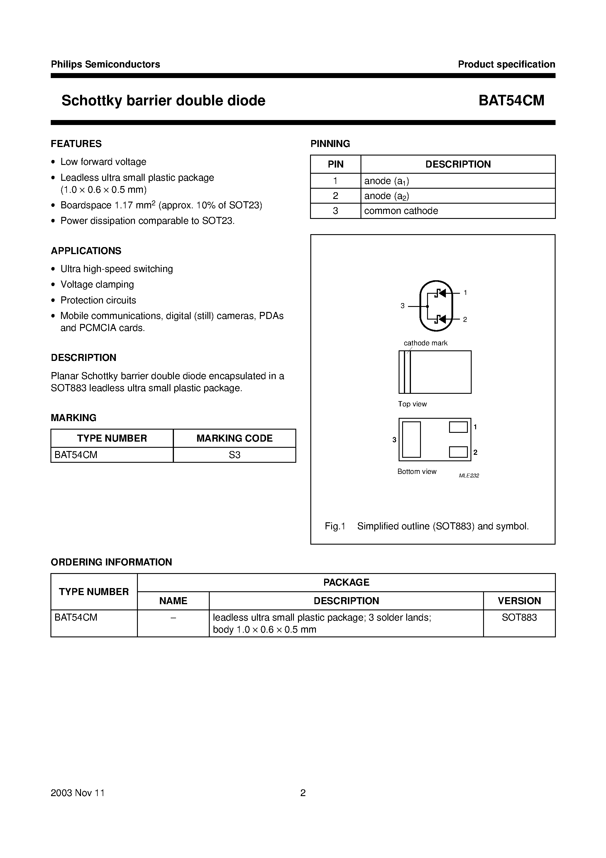 Datasheet BAT54CM - Schottky barrier double diode page 2