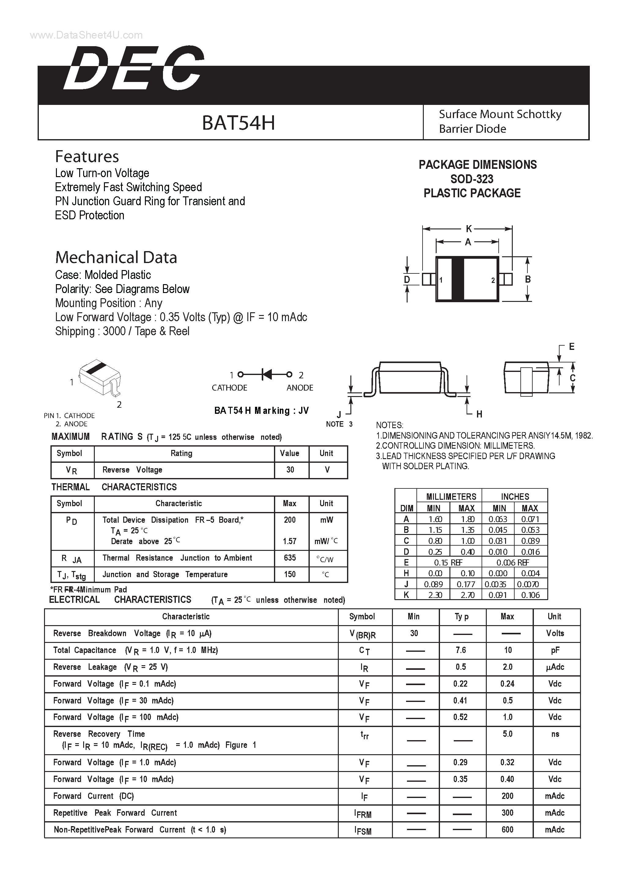 Datasheet BAT54H - SURFACE MOUNT SCHOTTKY BARRIER DIODE page 1