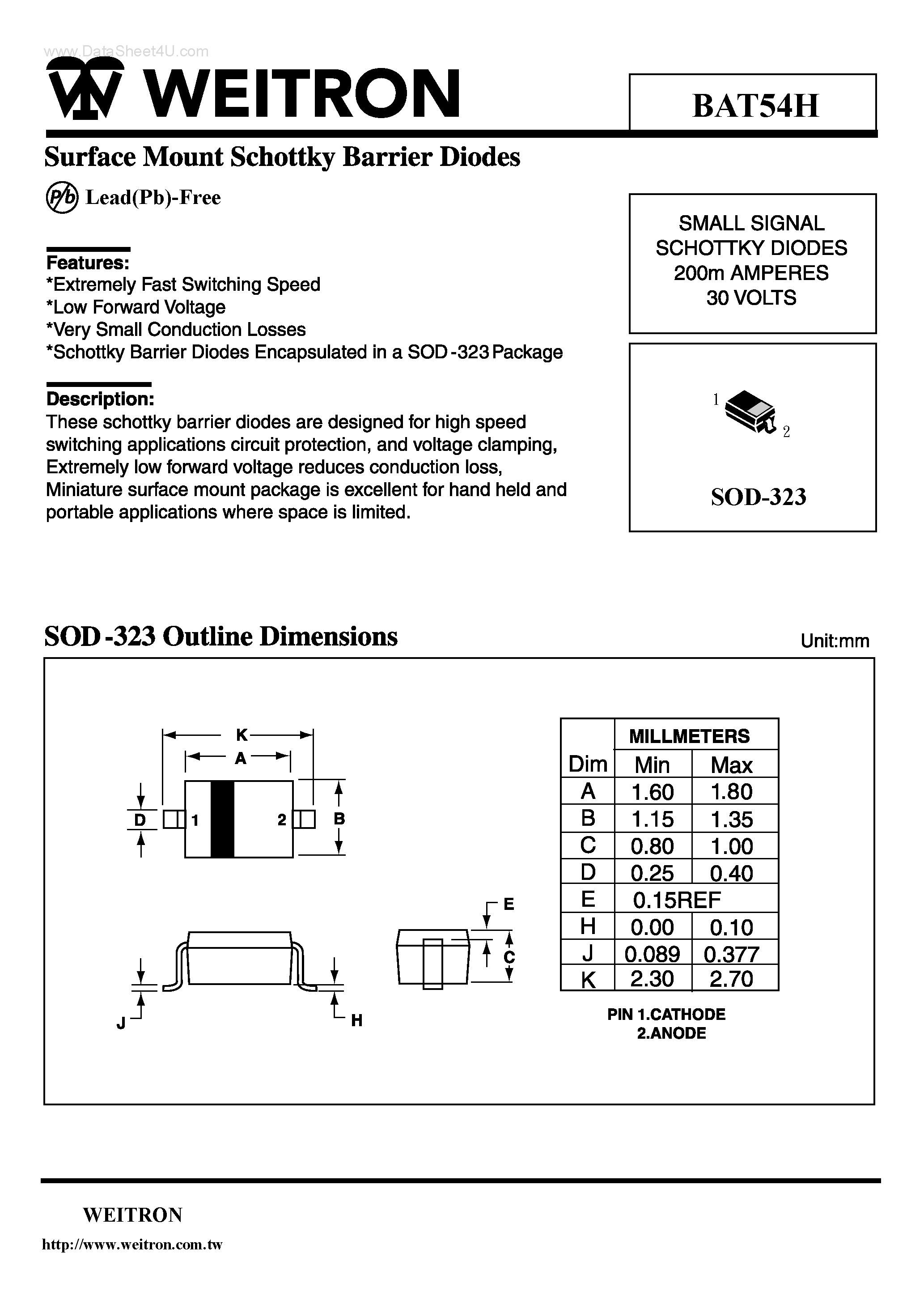 Datasheet BAT54H - Surface Mount Schottky Barrier Diodes page 1