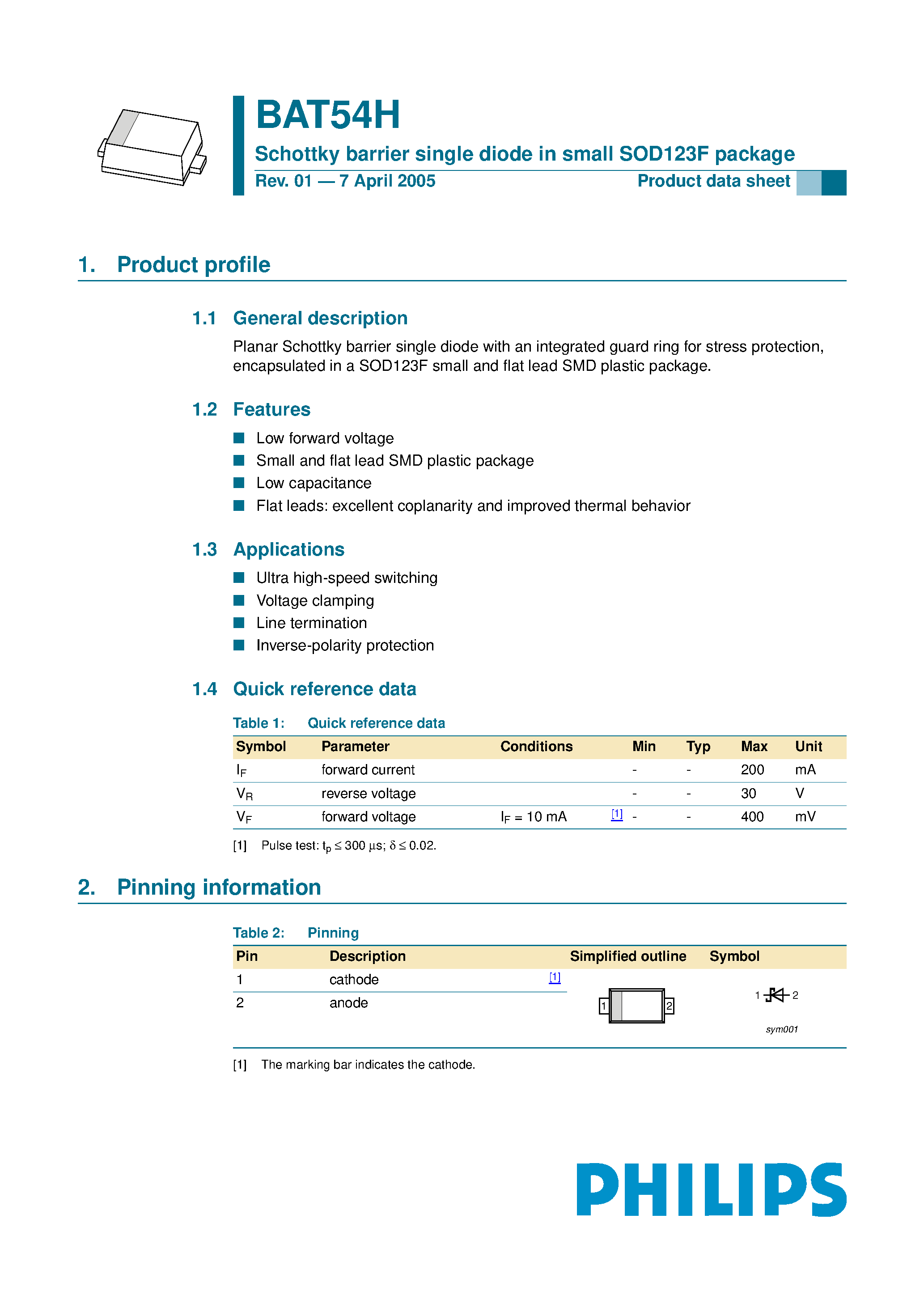 Datasheet BAT54H - Schottky barrier single diode page 1