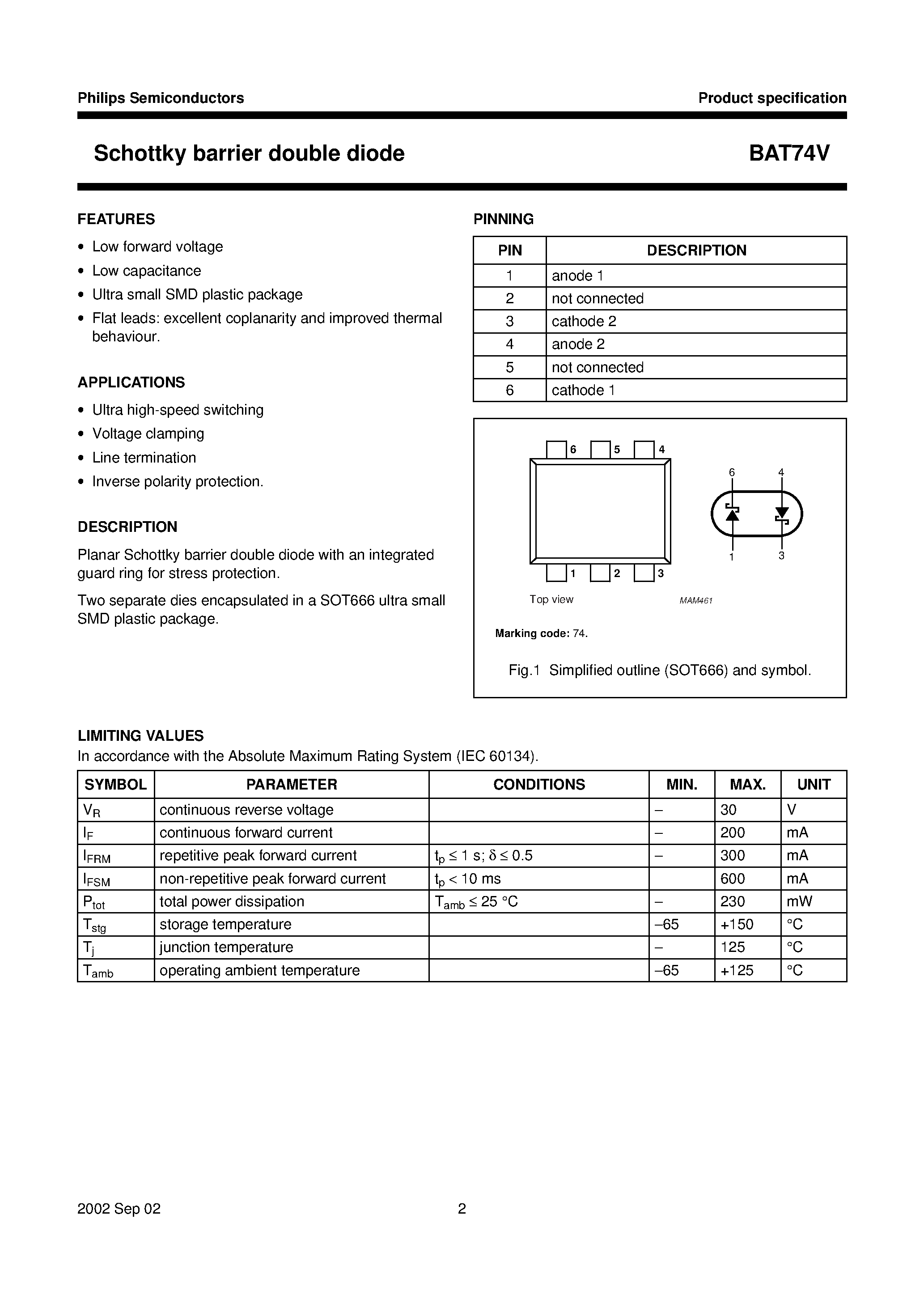 Datasheet BAT74V - Schottky barrier double diode page 2
