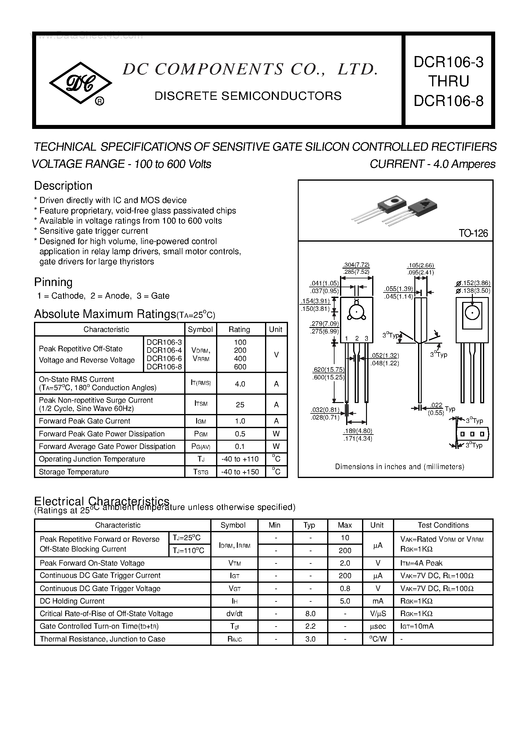 Даташит DCR106-3 - (DCR106-3 - DCR106-8) TECHNICAL SPECIFICATIONS OF SENSITIVE GATE SILICON CONTROLLED RECTIFIERS страница 1