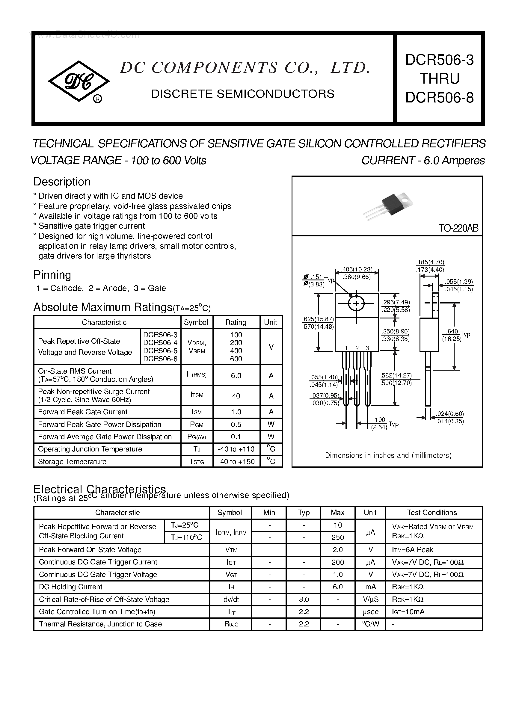 Даташит на микросхему DCR506-3 страница 1 Даташит DCR506-3 - (DCR506-3 - DCR506-8) TECHNICAL SPECIFICATIONS OF SENSITIVE GATE SILICON CONTROLLED RECTIFIERS страница 1