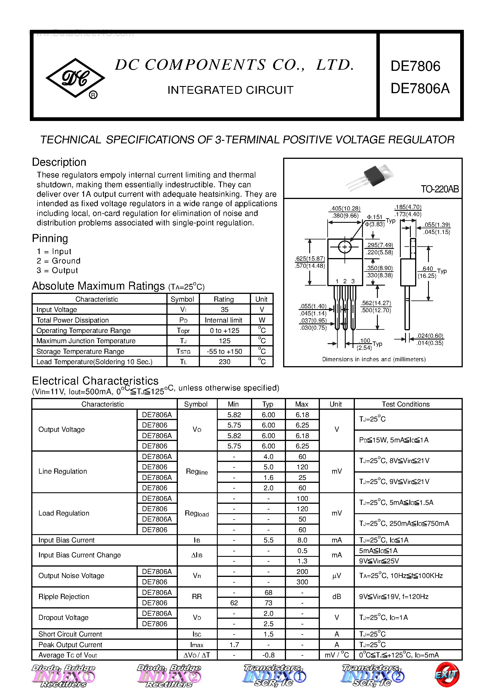Datasheet DE7806 - TECHNICAL SPECIFICATIONS OF 3-TERMINAL POSITIVE VOLTAGE REGULATOR page 1