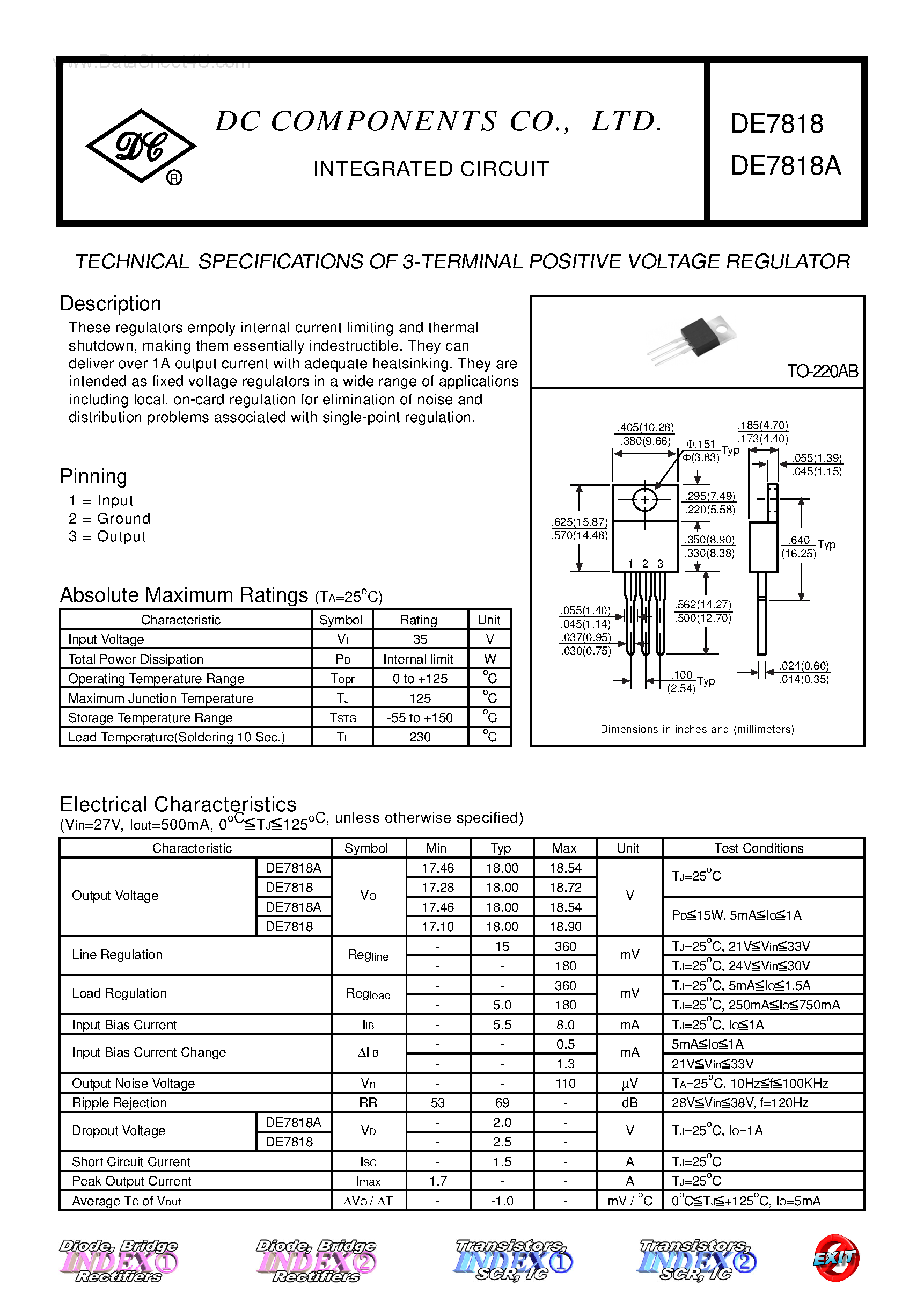 Datasheet DE7818 page 1 Datasheet DE7818 - TECHNICAL SPECIFICATIONS OF 3-TERMINAL POSITIVE VOLTAGE REGULATOR page 1