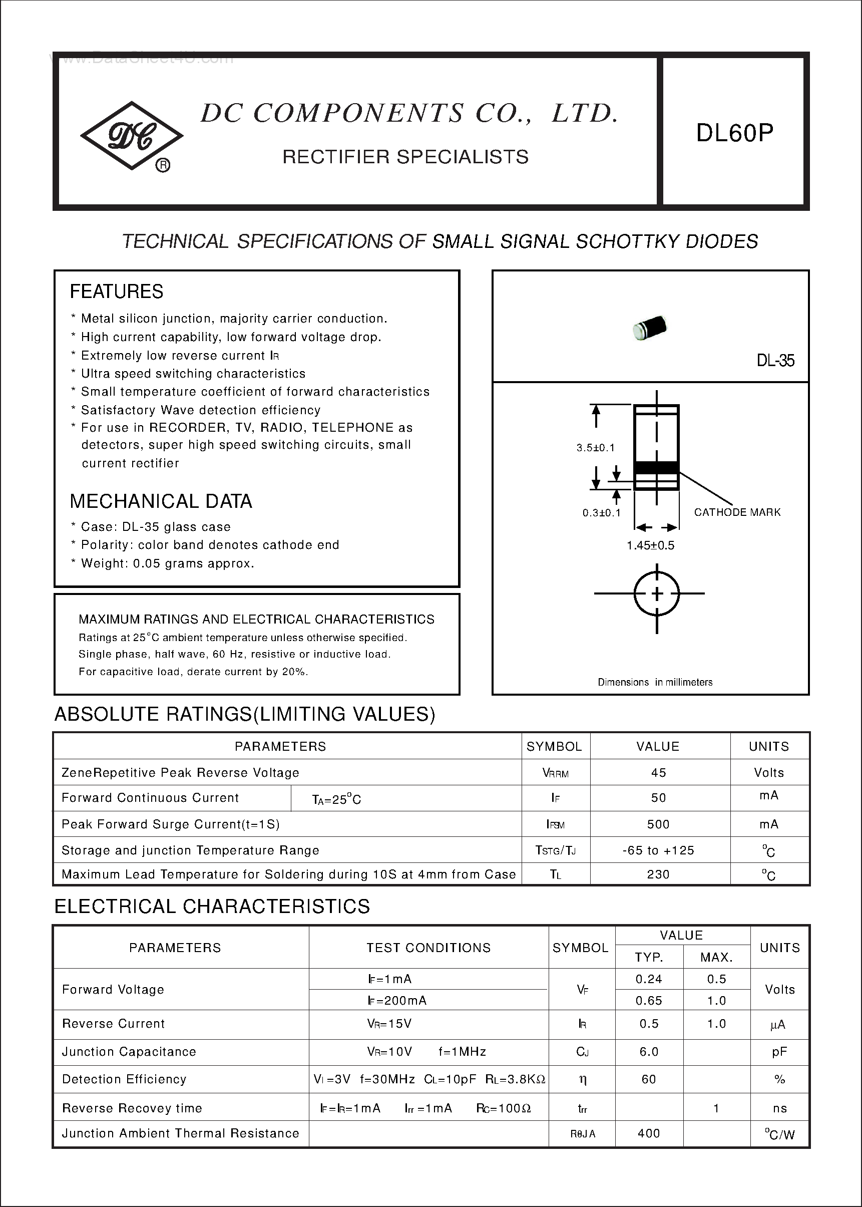 Даташит на микросхему DL60P страница 1 Даташит DL60P - TECHNICAL SPECIFICATIONS OF SMALL SIGNAL SCHOTTKY DIODES страница 1