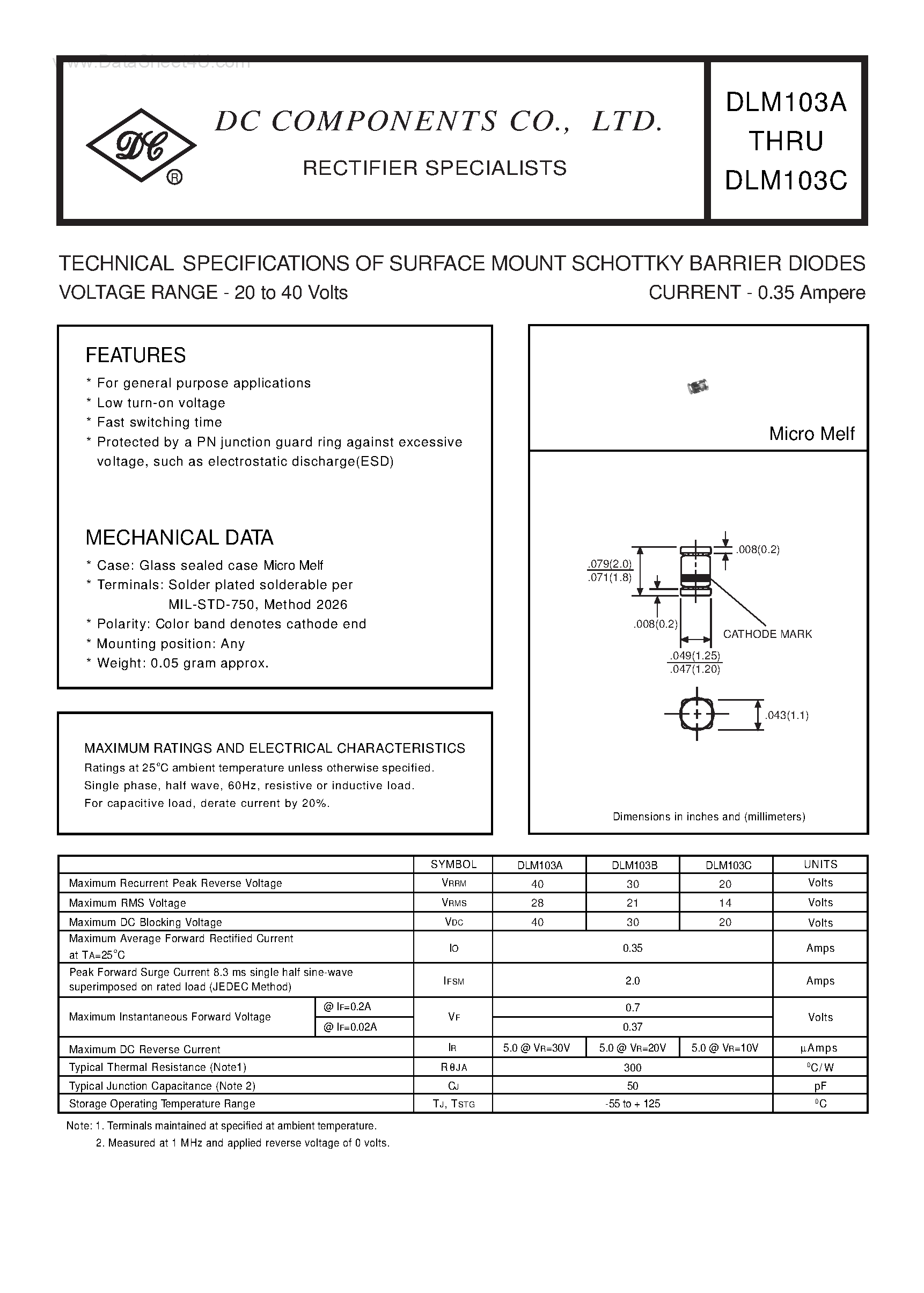 Даташит DLM103A - (DLM103A - DLM103C) TECHNICAL SPECIFICATIONS OF SURFACE MOUNT SCHOTTKY BARRIER DIODES страница 1