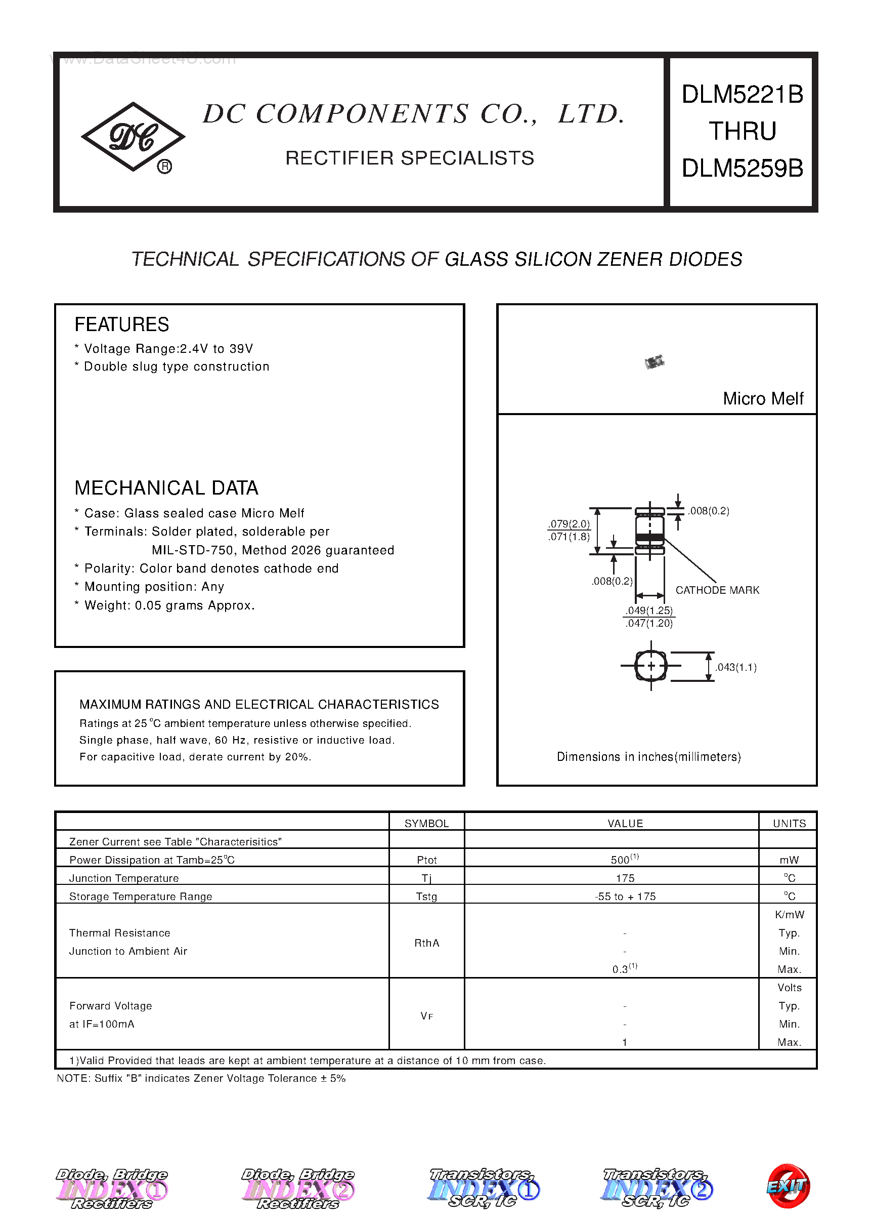 Даташит на микросхему DLM522xB страница 1 Даташит DLM522xB - (DLM5221B - DLM5259B) TECHNICAL SPECIFICATIONS OF GLASS SILICON ZENER DIODES страница 1