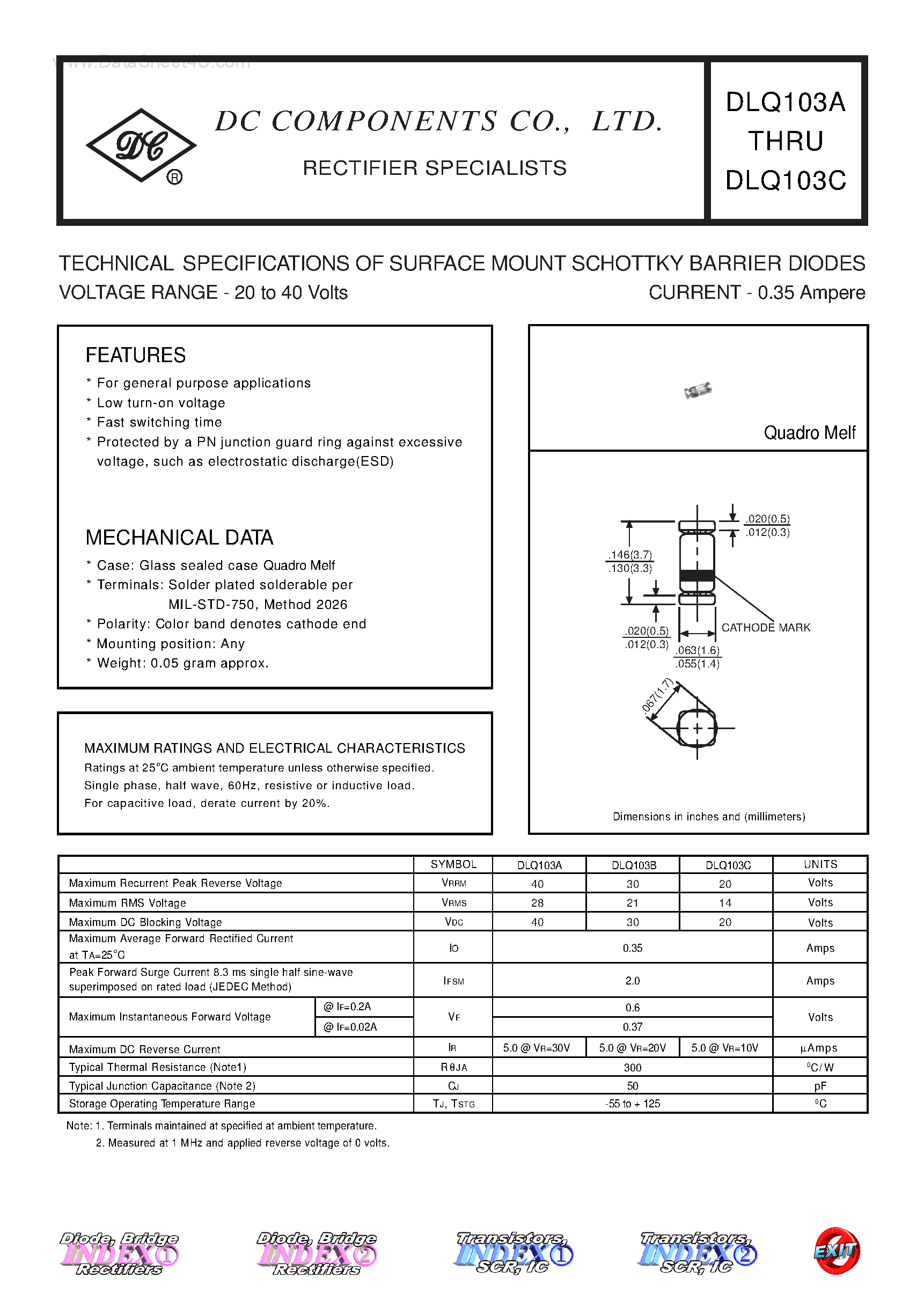 Даташит на микросхему DLQ103A страница 1 Даташит DLQ103A - (DLQ103A - DLQ103C) TECHNICAL SPECIFICATIONS OF SURFACE MOUNT SCHOTTKY BARRIER DIODES страница 1