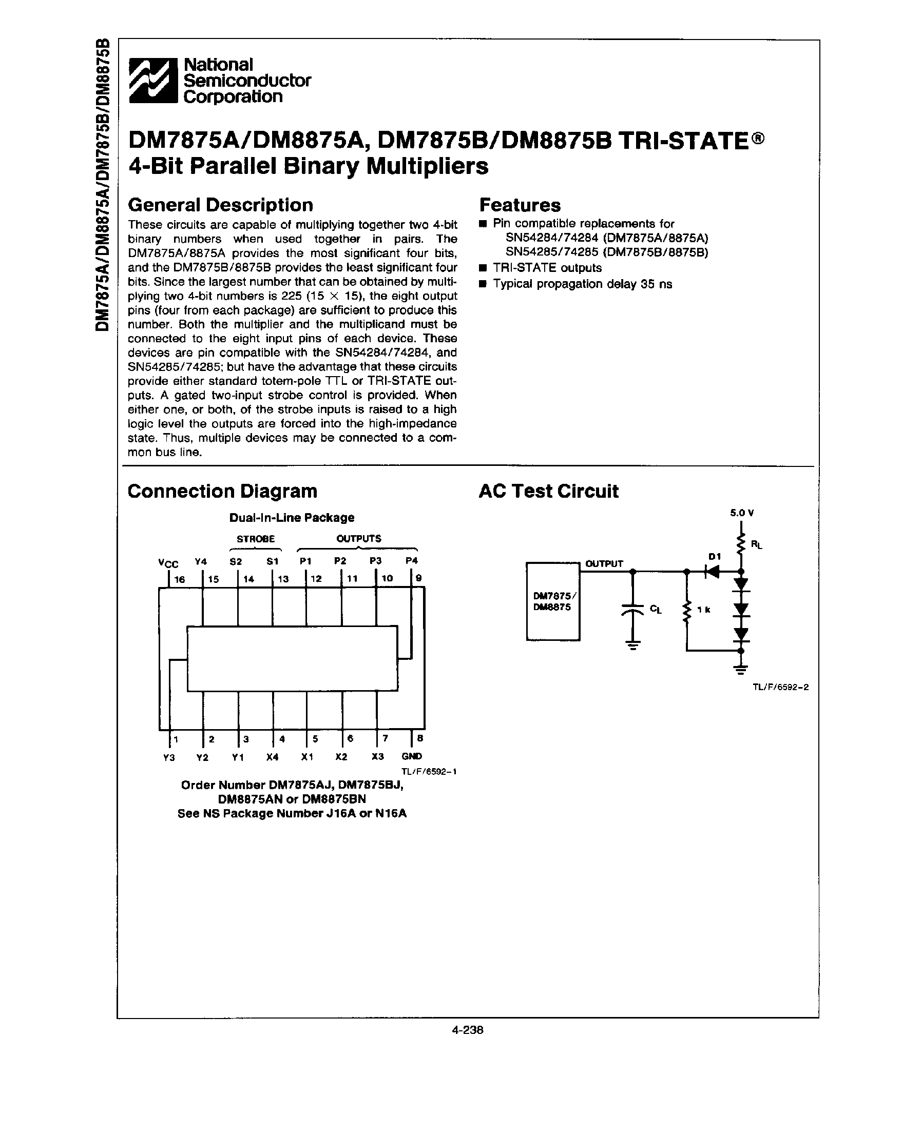 Datasheet DM7875A - TRI-STATE 4-Bit Parallel Binary Multipliers page 1