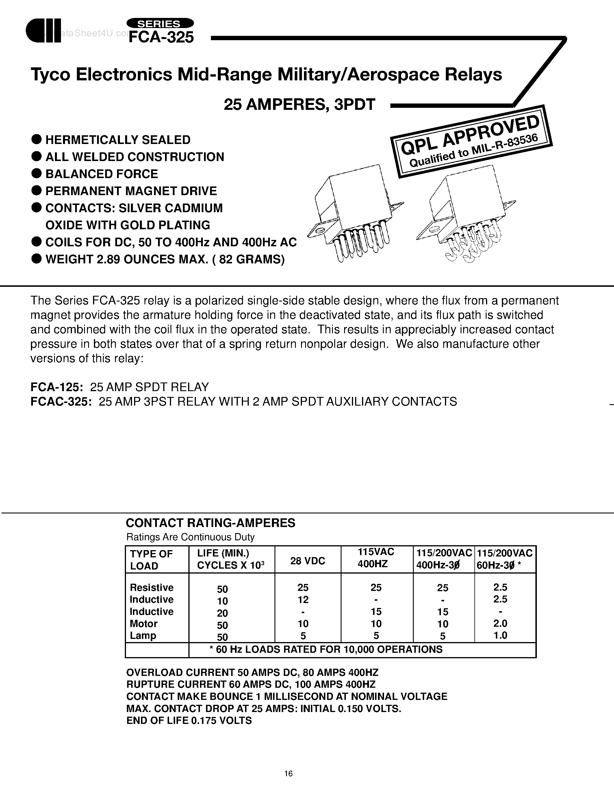 Datasheet FCA-325 page 1 Datasheet FCA-325 - Mid-Range Military/Aerospace Relays page 1