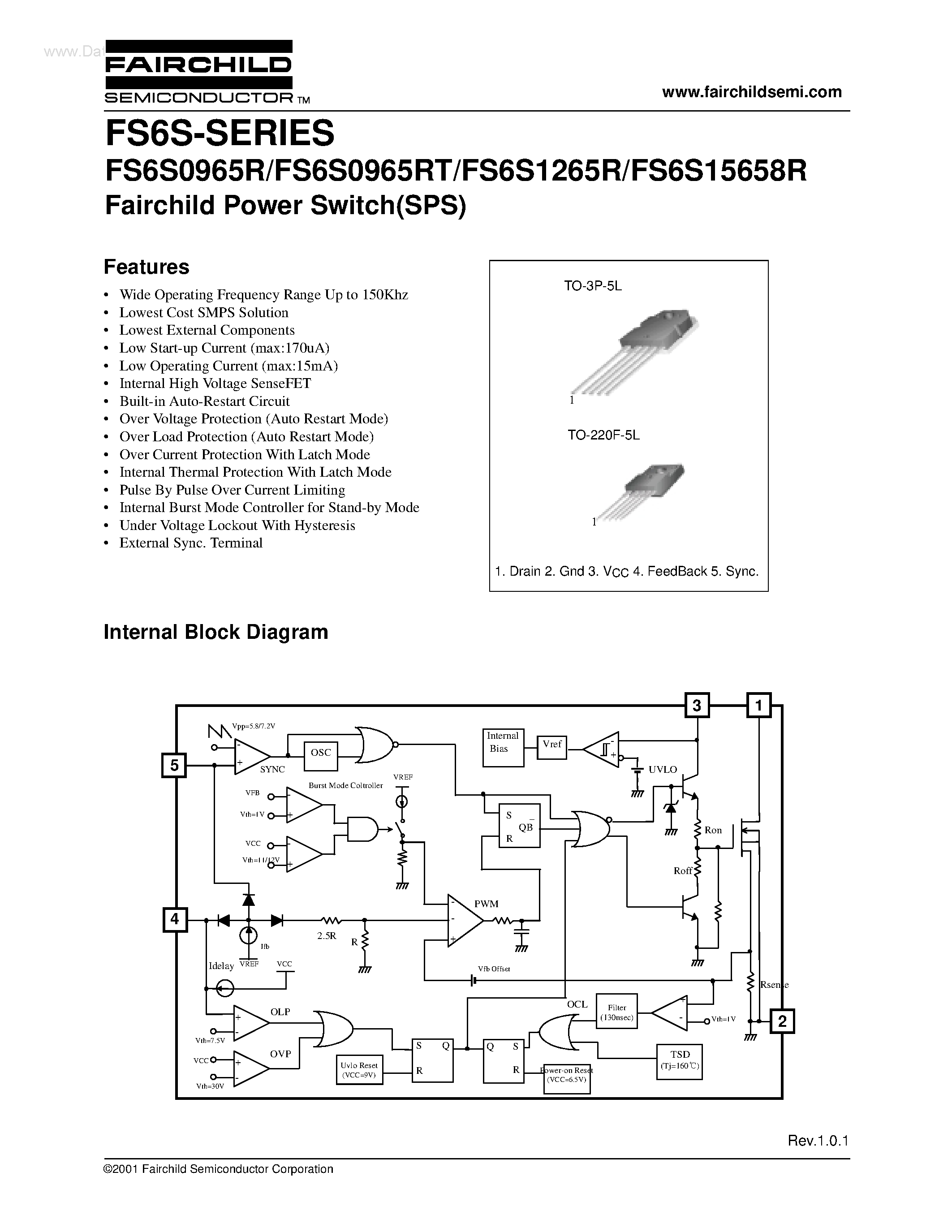 Даташит на микросхему FS6S0965R страница 1 Даташит FS6S0965R - Power Switch страница 1