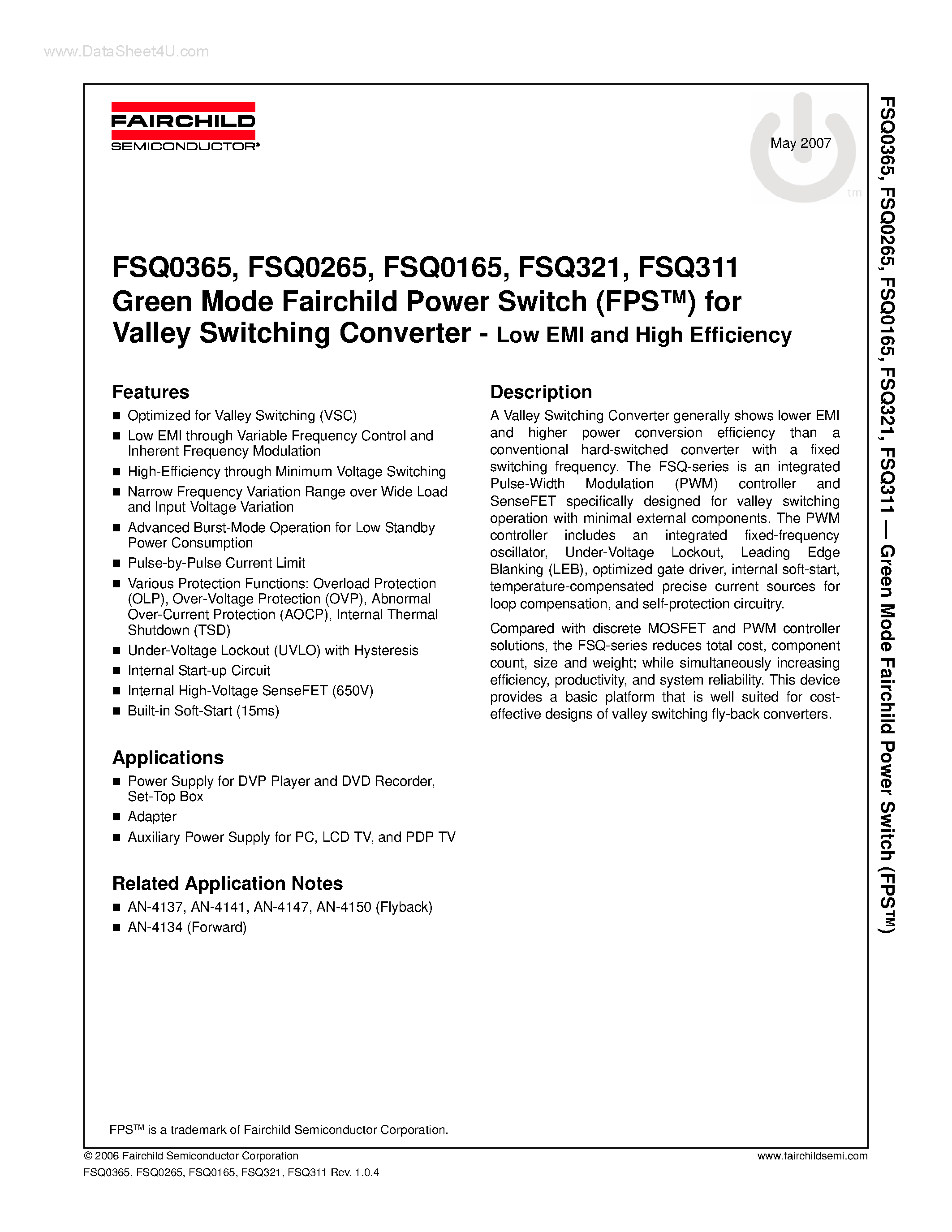 Даташит FSQ0165 - (FSQxxx) Green Mode Fairchild Power Switch страница 1